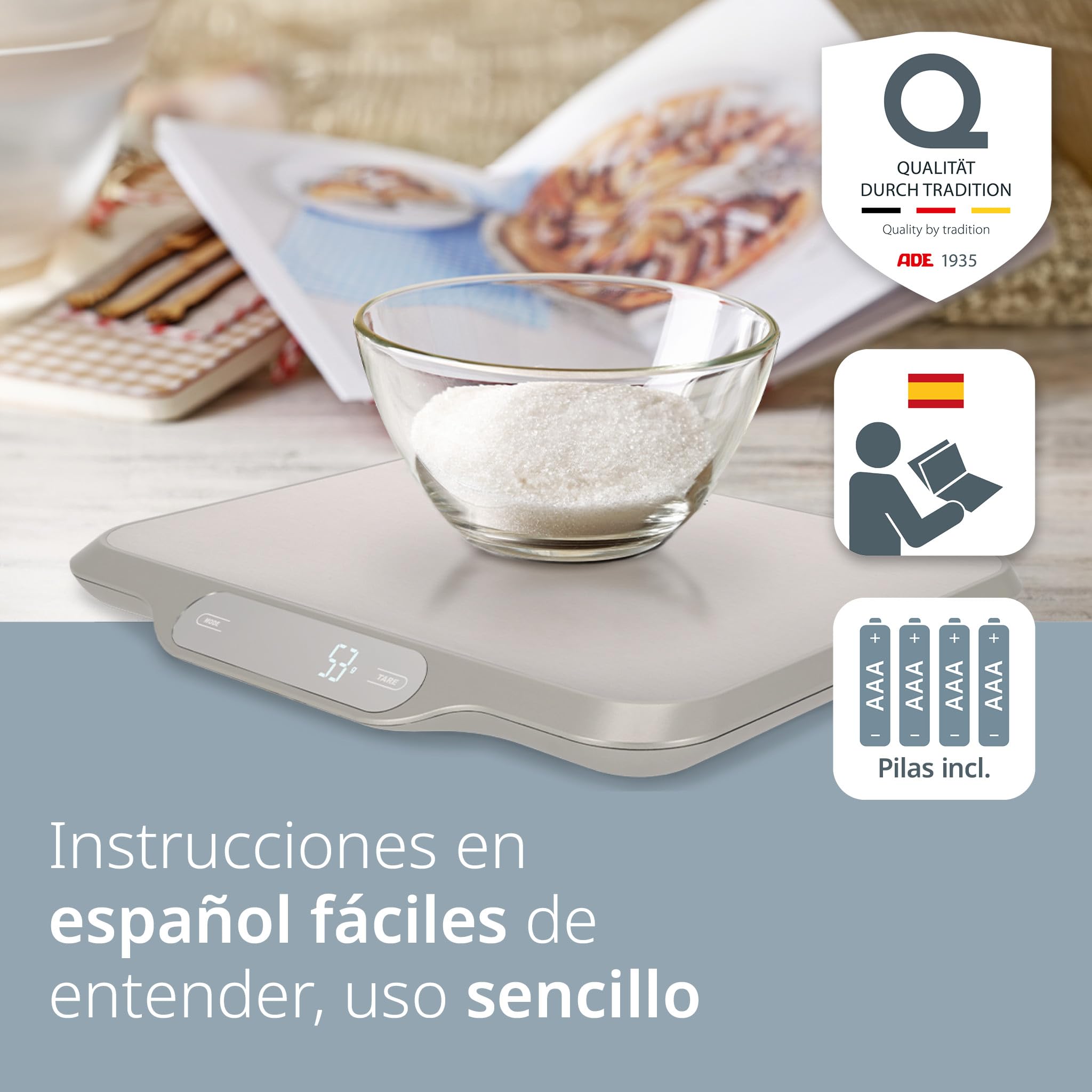 ADE Balanza de cocina extra grande digital hasta 15 kg | Superficie de pesaje 26x31 cm | Balanza para paquetes