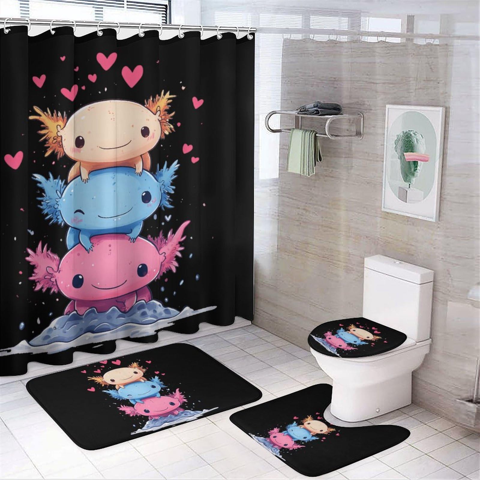 CGSBNGHA Cute Axolotls Shower Curtain Set 4 Piece Bathroom Sets with Rugs Toilet Lid Cover And U-Shaped Floor Mat