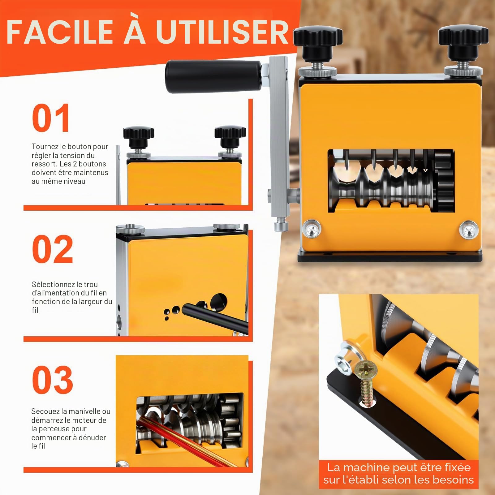 Denudeur Cable Electrique, Machine à Dénuder le Cuivre Manuelle avec 6 Canaux, Denudeur Cable pour 3 à 17 mm, Machine de Dénuder Cuivre Fils Mode Manuel et Automatique, jaune