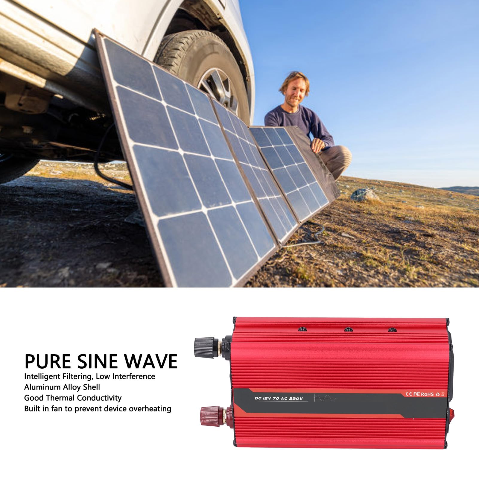 Ejoyous Przetwornica Napięcia Samochodu Stop Aluminium Przetwornica DC12V na AC220V 300W Czysta Fala Sinusoidalna Port USB Wentylator Chłodzący do Wycieczek na świeżym Powietrzu Kempingu i Zużycia