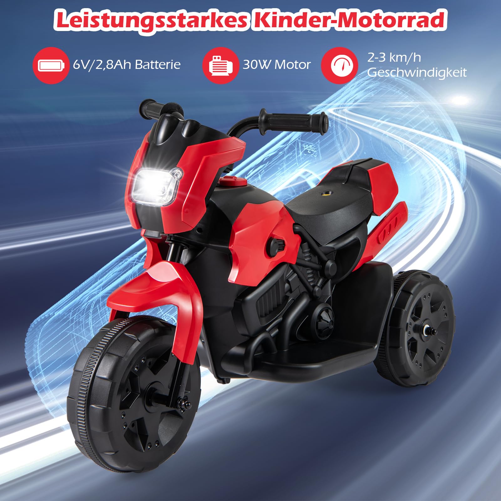 COSTWAY Elektryczny motocykl dziecięcy, 6 V, elektryczny z reflektorem LED i pedałem, 2-3 km/h, trójkołowy motocykl elektryczny dla chłopców i dziewczynek od 3 lat (czerwony)