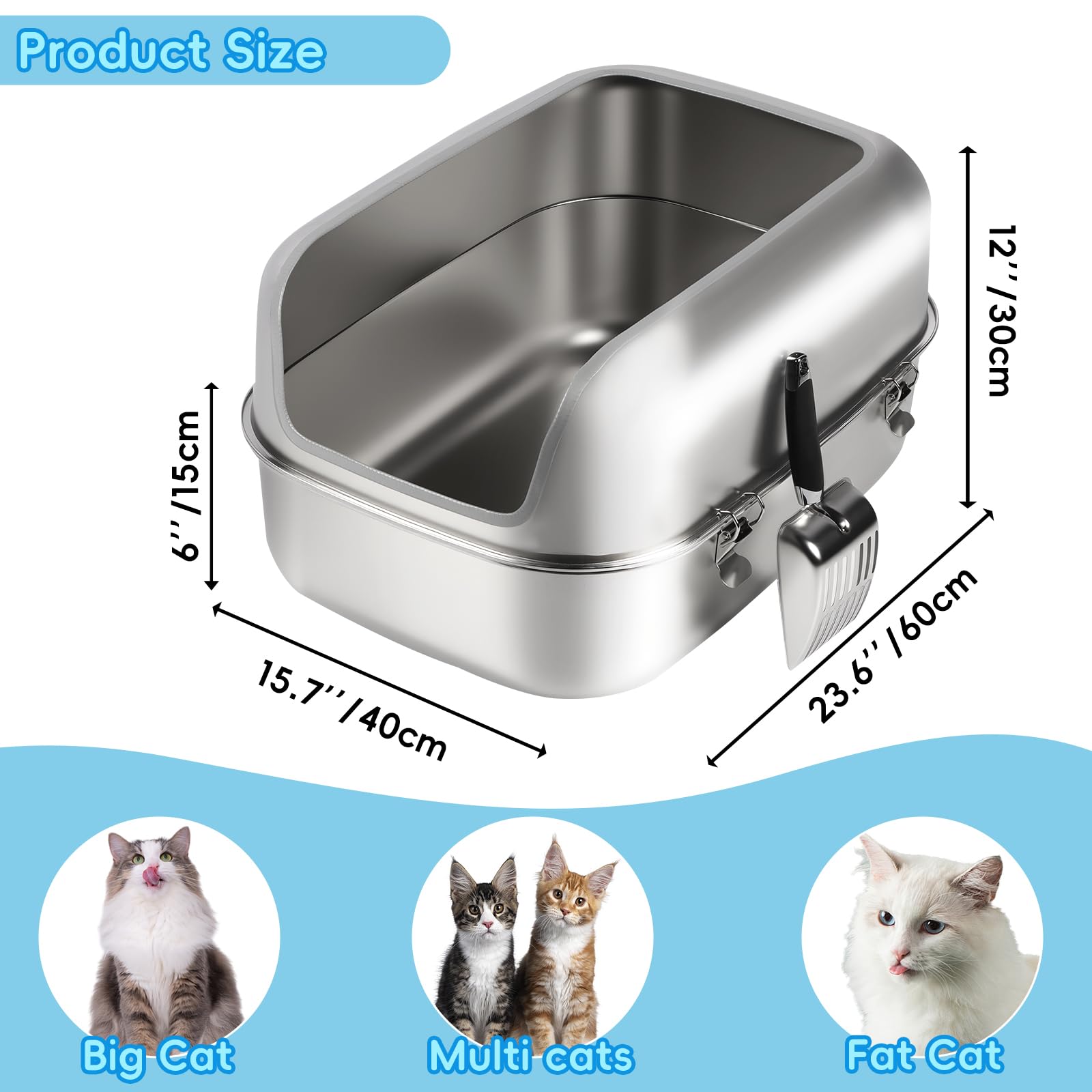 Lettiera per gatti in acciaio inox xl, 60x40x30cm Lettiera semi-chiusa in metallo con recinzione alta, paletta lettiera, antiaderente, facile da pulire