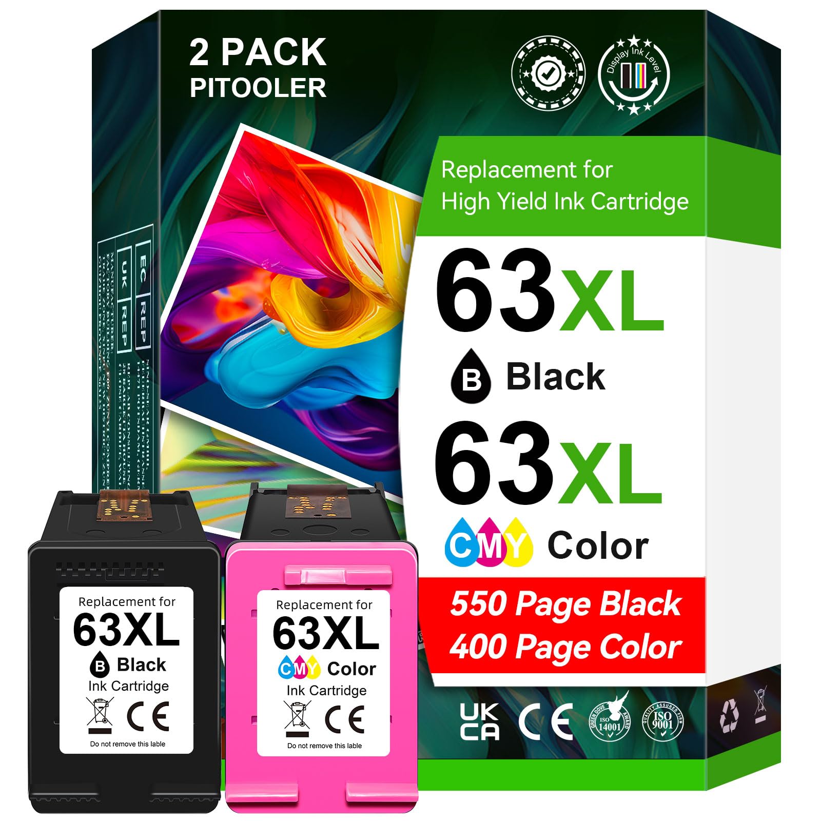 High Yield for HP 63 Ink Cartridges, for HP Ink 63, for HP 63/63XL Ink Cartridge Black/Colour for HP63, Use for Envy 4520 4522 for OfficeJet 3830 4650 5255 3833, for DeskJet 3630 3632 Printer