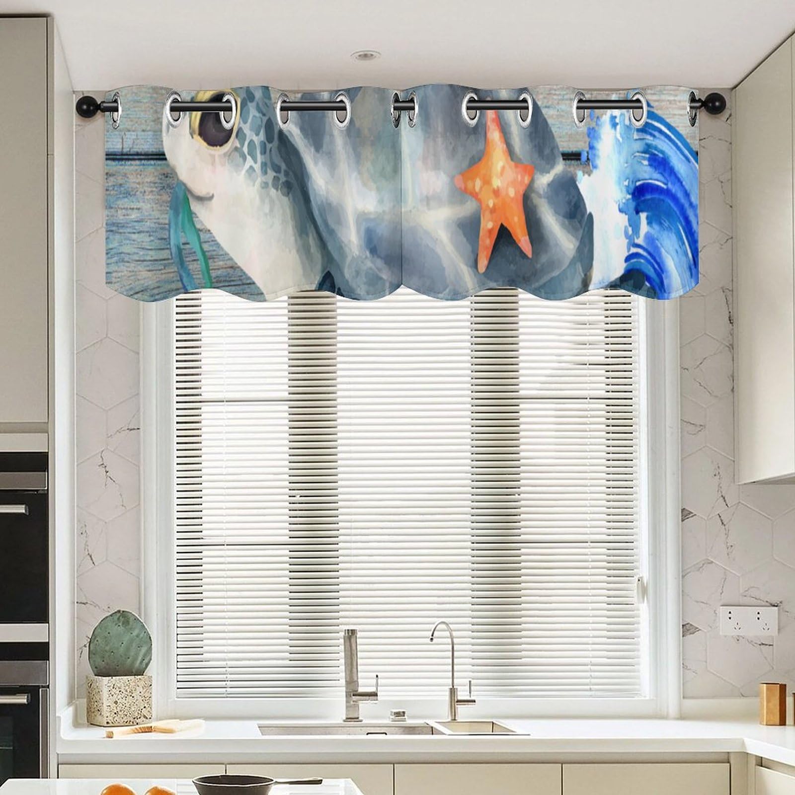 Rideau de cantonnière tortue de mer ocean brise-bise court 132x45.7 cm pour fenetre de cuisine