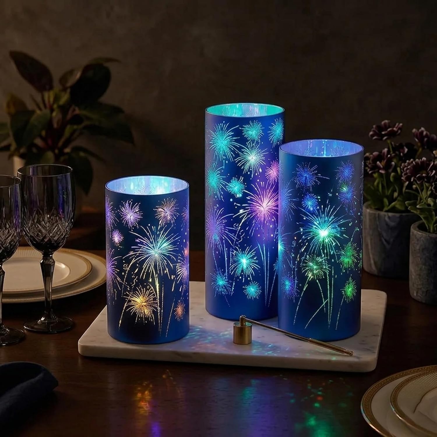 Set of 3 Celebration Hurricanes, Etched Firework Starburst Glass Hurricanes with LED Lights, Hurricanes Set Romantic Decorative Ornaments for Mantel, Dining Table, Wedding & Holiday Décor (Blue)