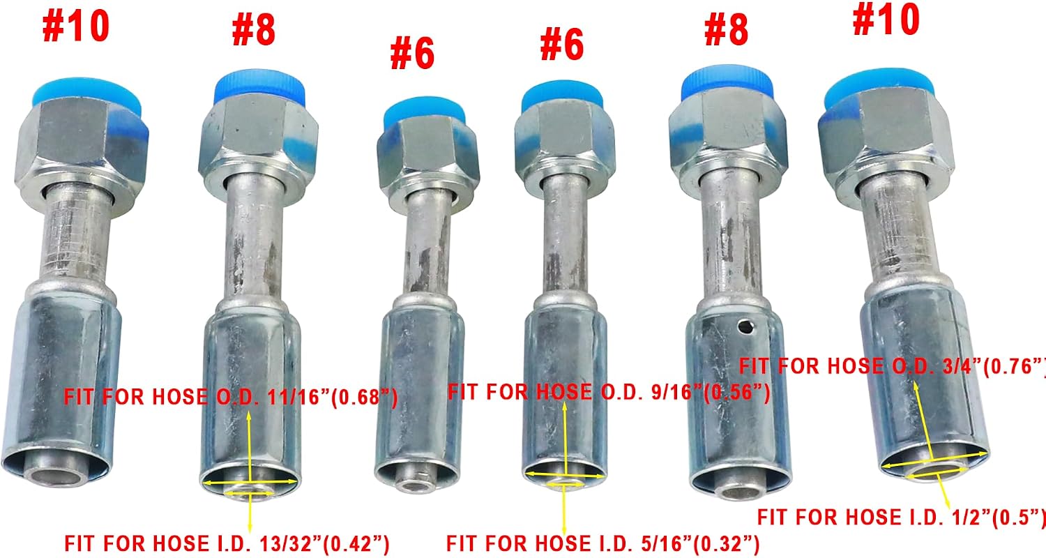 6PCS Air Conditioning #6#8#10 AC Fitting Set for Reduced Hose Female Oring Beadlock Straight