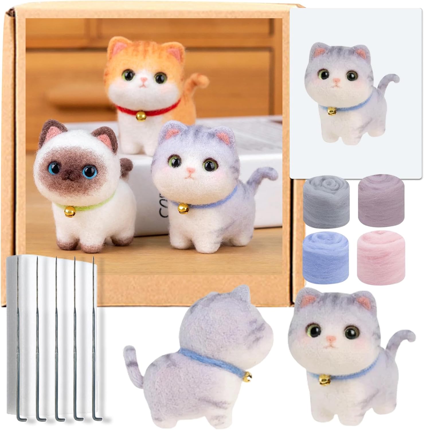 MeowPick Needle Felting Kit for Beginners, Cute Standing Cat Wool Plushie, 8cm Desk Decor & Keychain, Siamese/Orange/Blue Golden, DIY Craft with Tools & Video, Gift for Cat Lovers (Blue Golden)