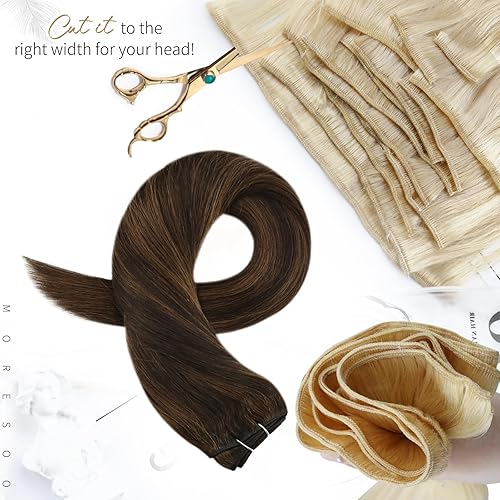 Miniatura 4 de Moresoo Extensiones de cabello humano de 22 pulgadas, doble trama, cosidas, extensiones de cabello humano castaño oscuro con mechas de cabello