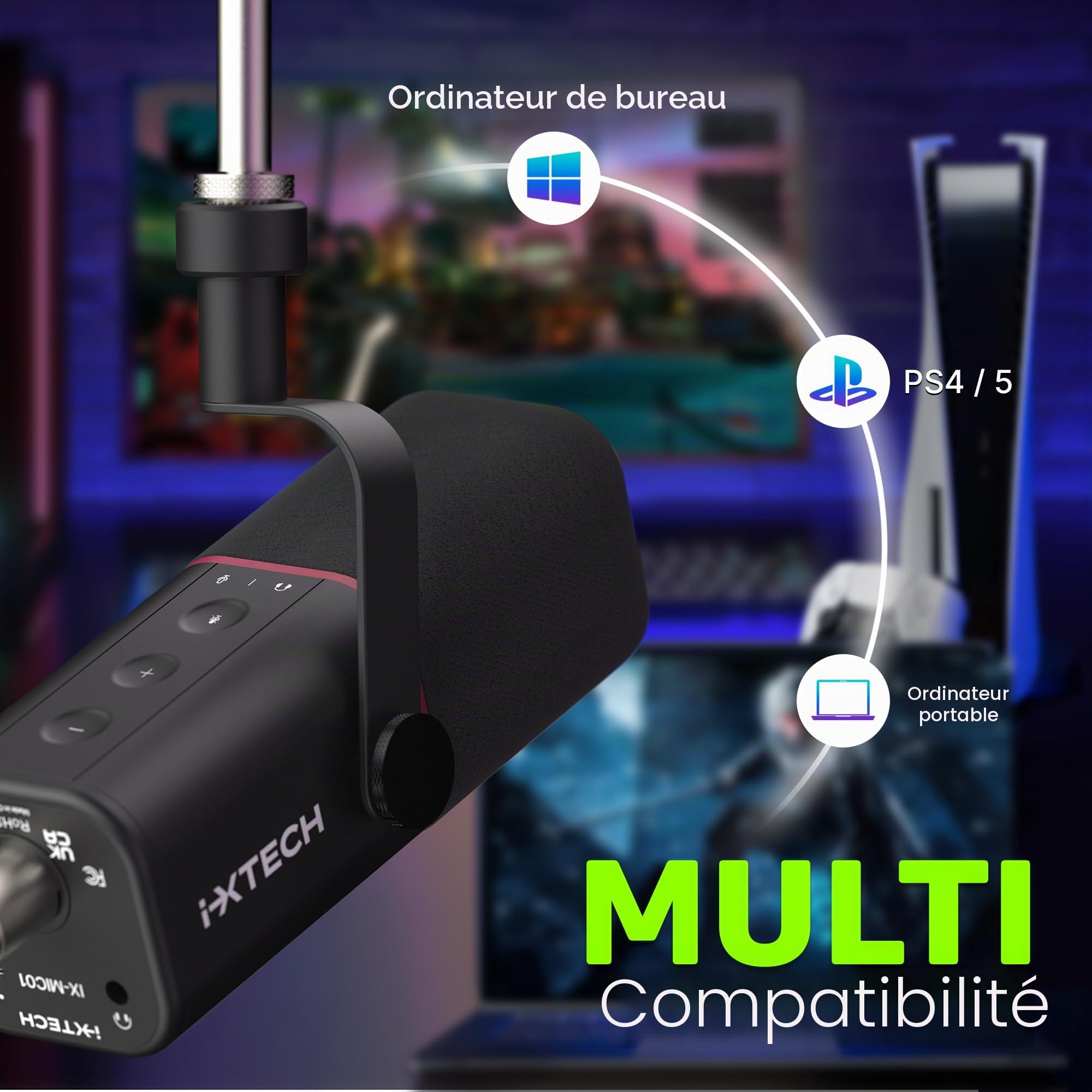 IXTECH Microphone Dynamique cardioïde avec Cache-Micro, Microphone Vocal USB XLR pour podcasting, Streaming, Enregistrement, Jeux et Voix Off (Noir)