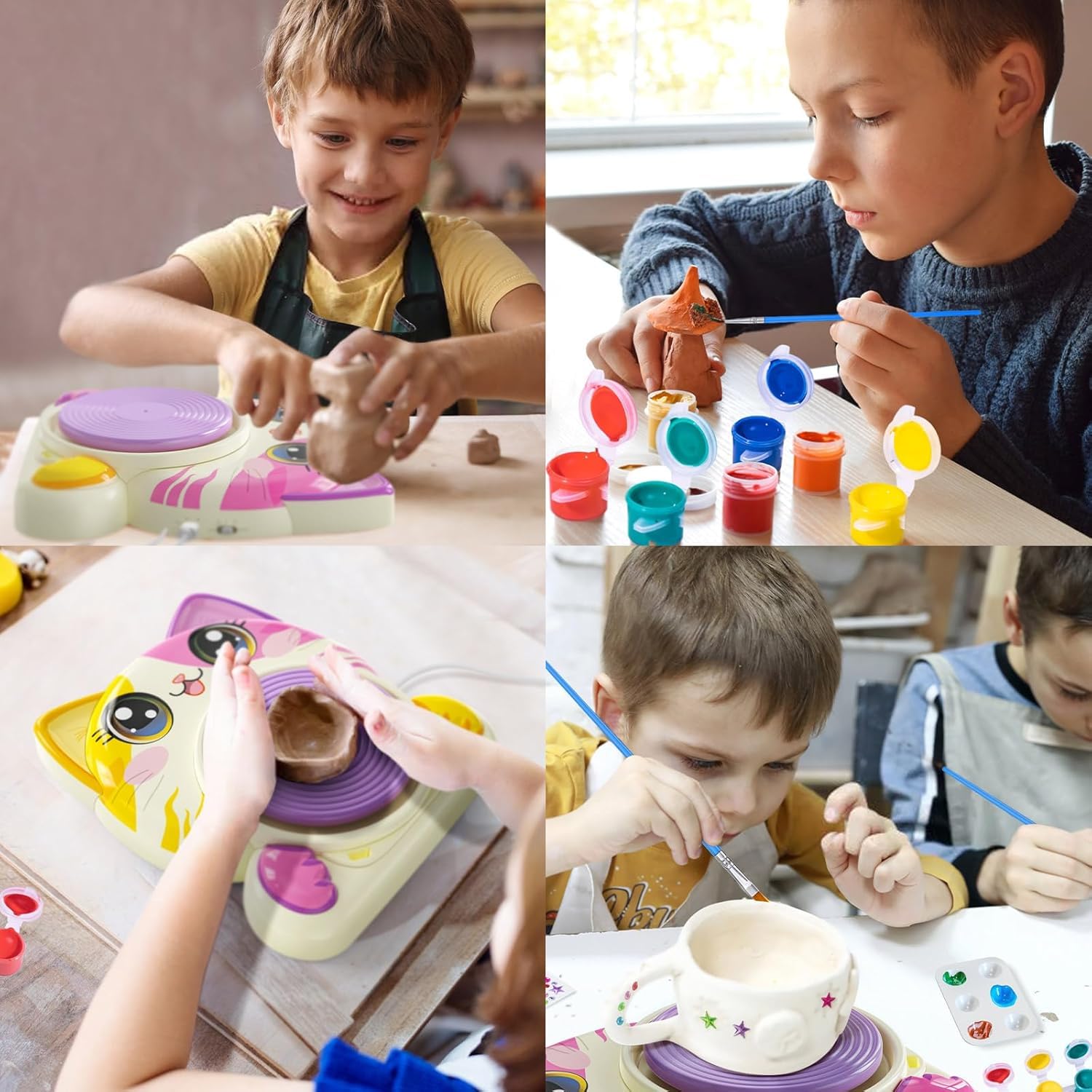 Töpferset für Kinder – Elektrische Mini-Töpferscheibe mit Ton, Farben, Werkzeug & Schürze – Kreatives DIY Keramik-Bastelset ab 6 Jahren im Katzendesign – Geschenkidee für Mädchen & Jungen