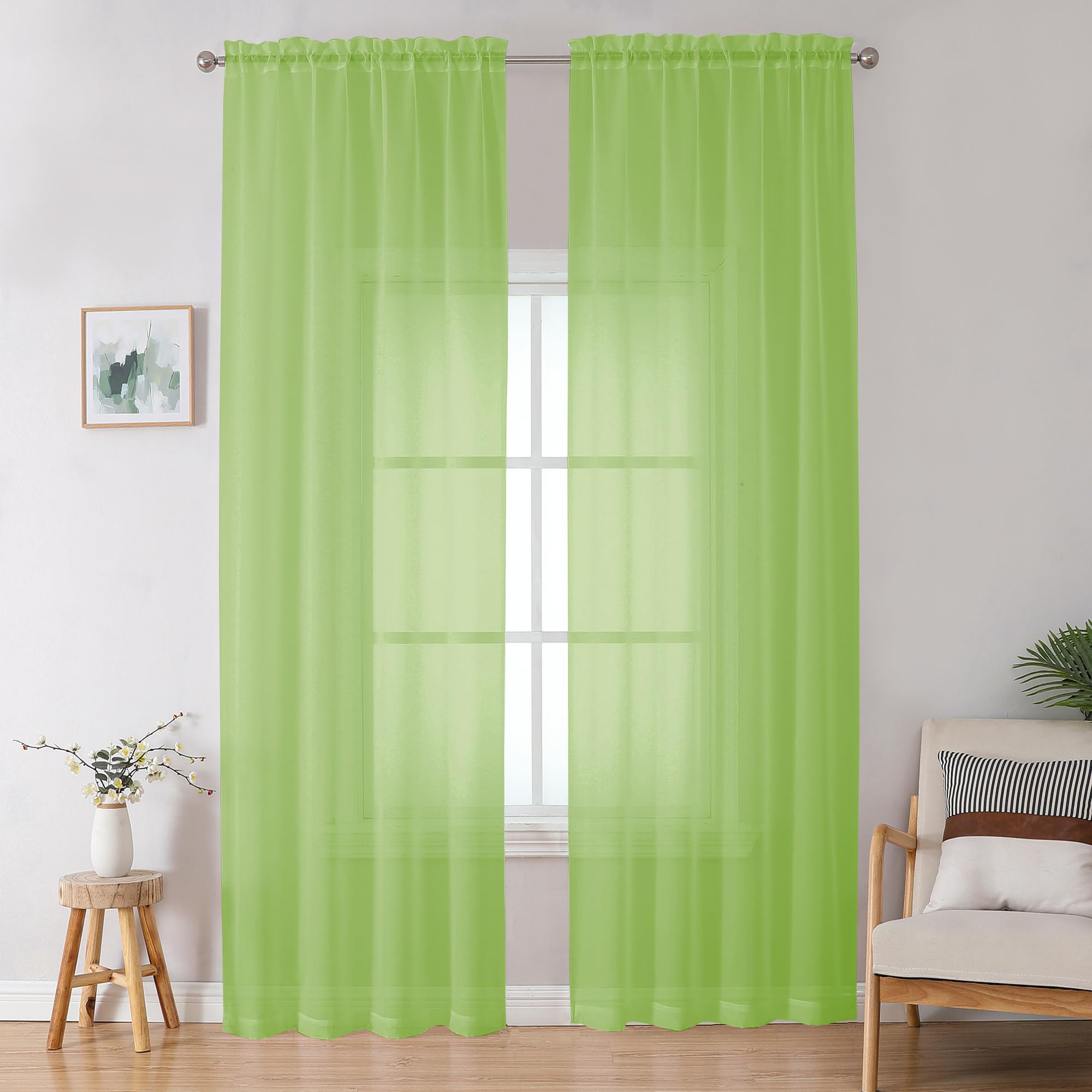 Lime Sheer Curtains for Bedroom Living Room 96 Inches Long 2 Panels Set, Soft Solid Light Filtering Clear Sheer Ceiling to Floor for Large Window, 2Pcs, Each 42" W x 96" L, Lime