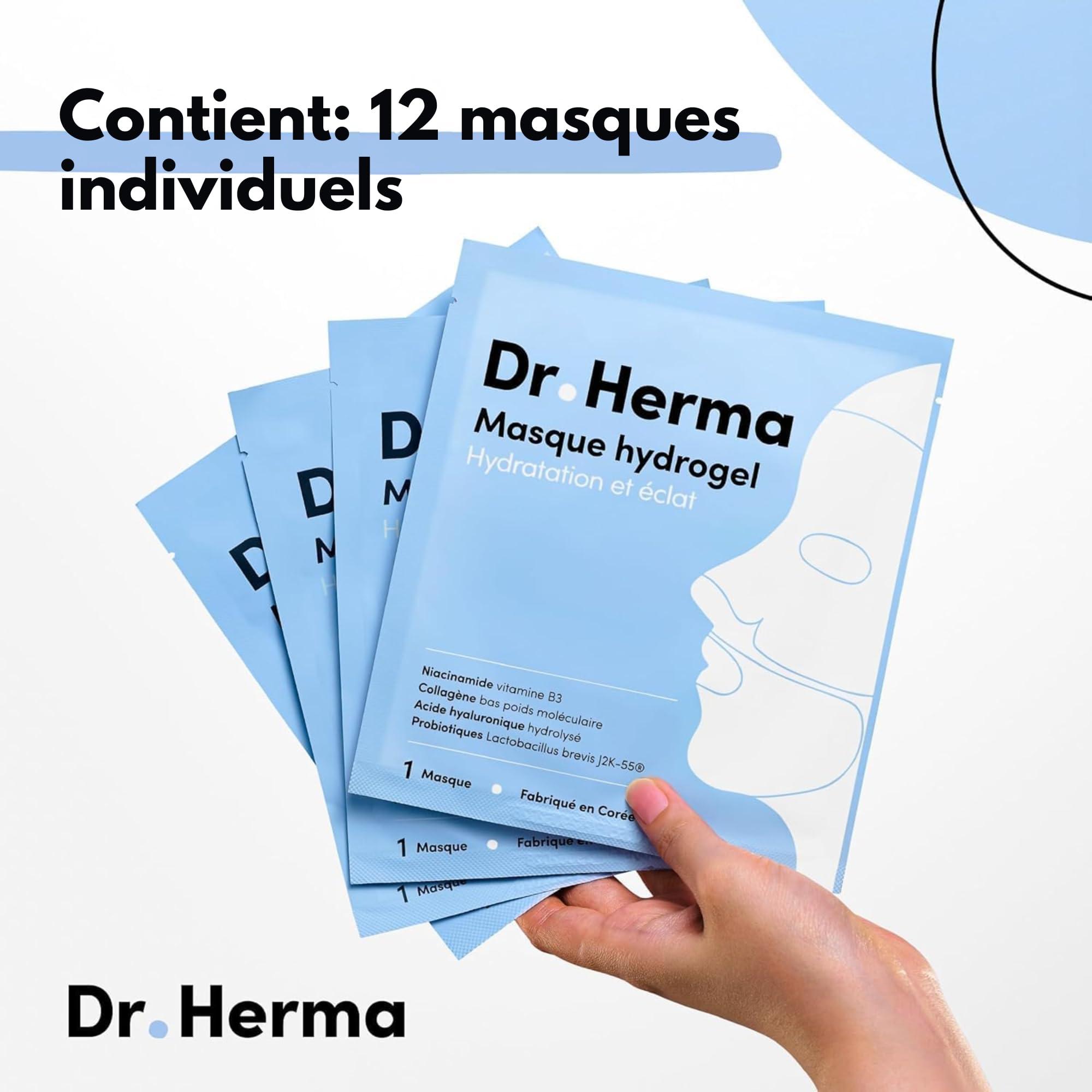 Dr. Herma Hydrogel Mask (12 Stück) - Koreanische Gesichtsmaske für Frauen mit Hyaluronsäure, Kollagen, hypoallergener - feuchtigkeitsspendende, Porenverfeinerung, Anti Aging Maske für Alle Hauttypen
