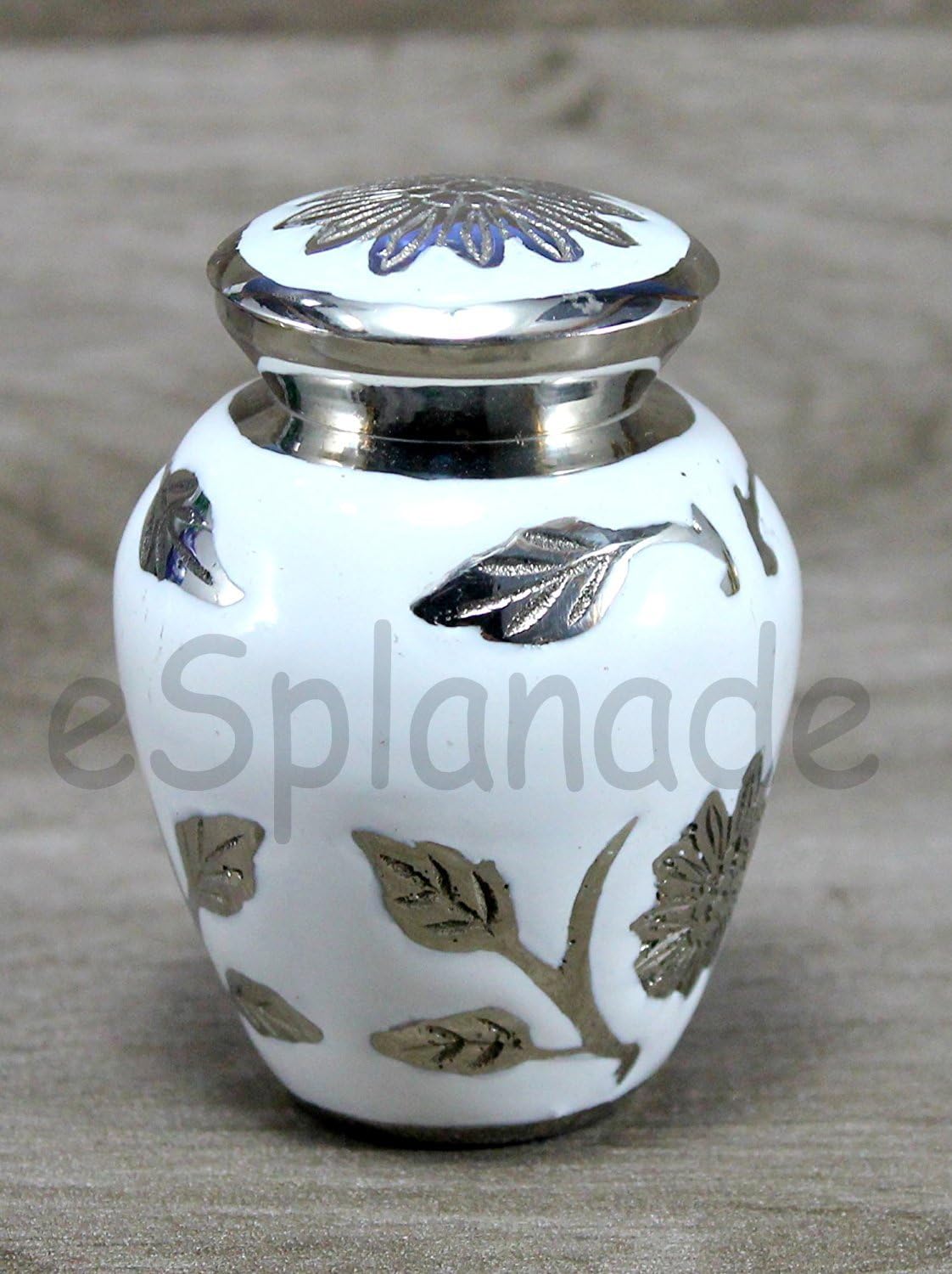 eSplanade Metal Cremation Mini urn Keepsake Memorial | Small urn for Ashes Funeral Burial Container jar Pot | Color - White(Silver Carved) Size-4.5 Inches