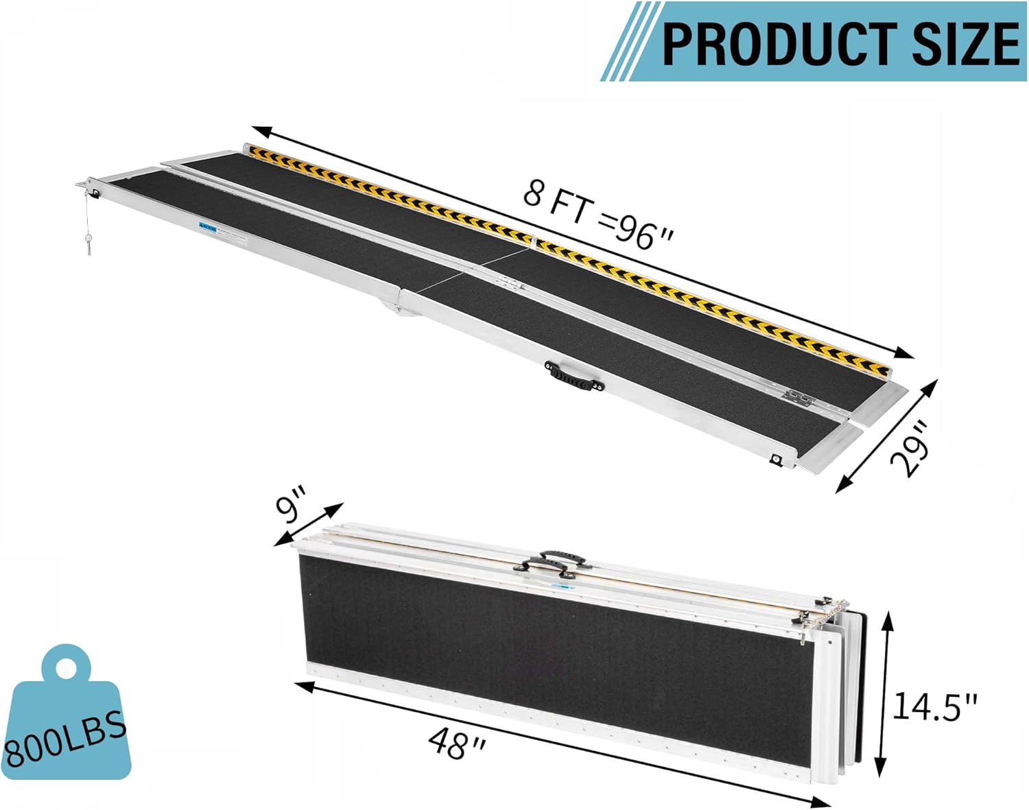 8FT Ramp Wheelchair Ramp for Home, Non-Skid Aluminum Portable Wheelchair Ramps, 800 LBS Capacity Handicap Ramp for Steps, Doorway, Homes, Threshold, Entry, Stairs
