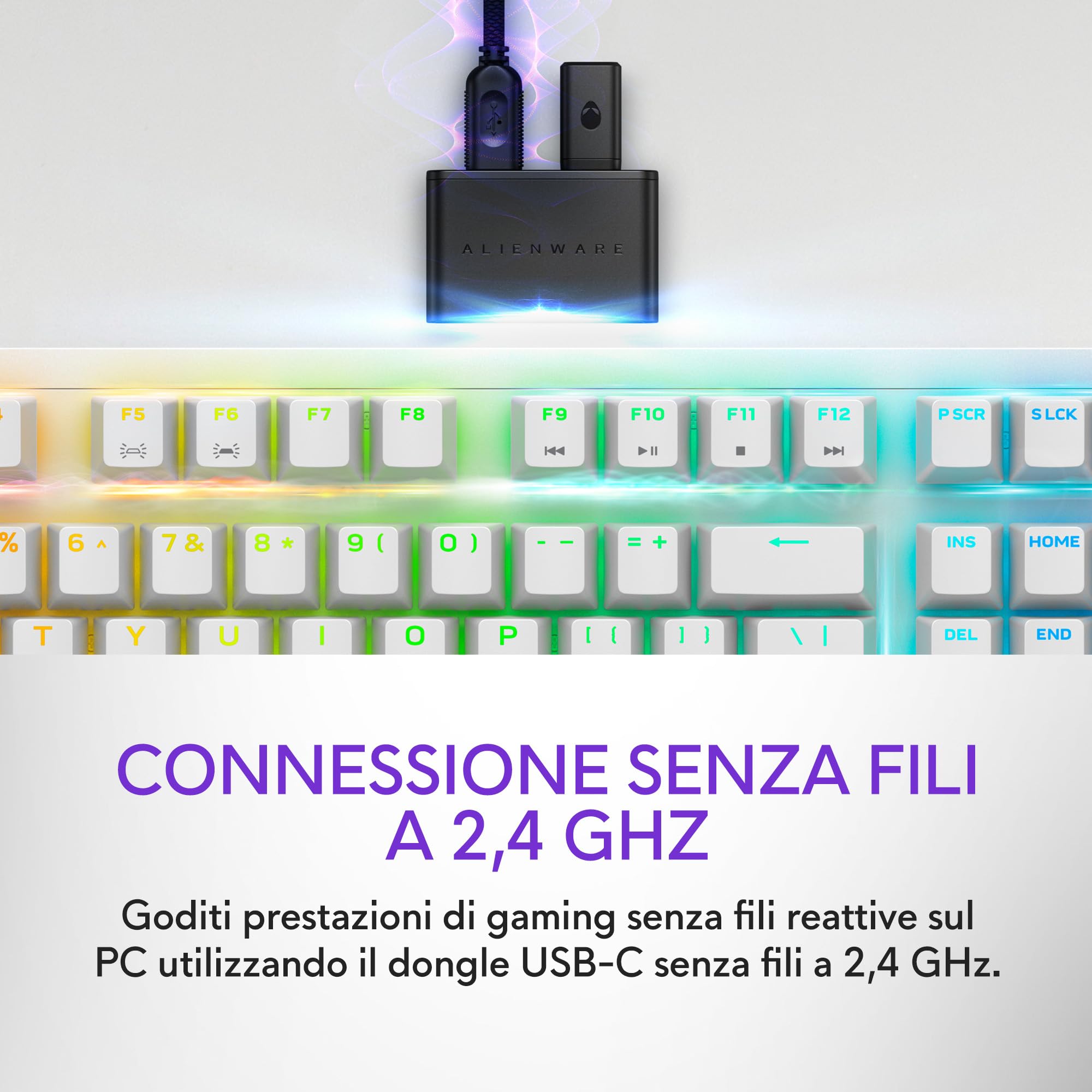 Alienware AW920K Tastiera Tri-Mode Wireless Gaming – Connettività Tri-Mode, Retroilluminazione AlienFX RGB, Switch CHERRY MX Red, Ricarica Magnetica, Qwerty Lunar Light