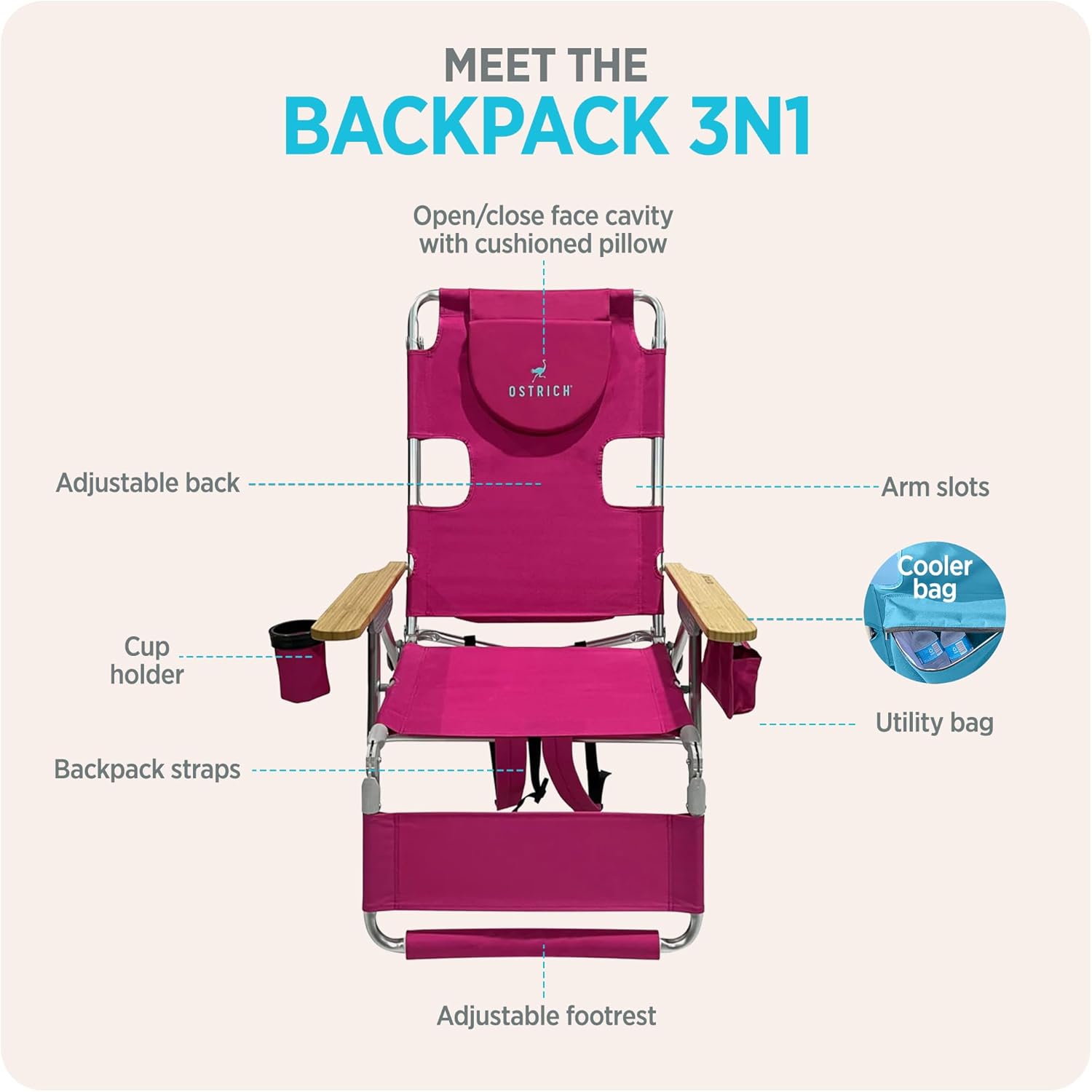 Ostrich the Woody Backpack 3N1 Portable Chair with Cooler Bag and Reclining Lounger for Tanning, Camping, Beach, and Outdoor Essential, Pink