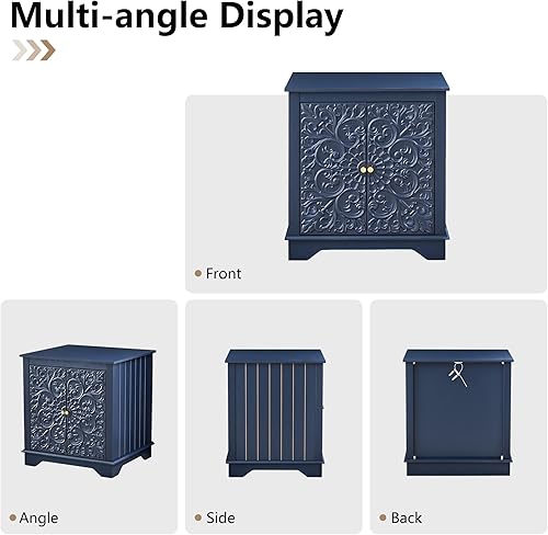 Miniatura 6 de Mesa auxiliar de granja con puerta floral tallada, mesita de noche de 24 pulgadas de ancho con estante ajustable, mesa auxiliar cuadrada de madera