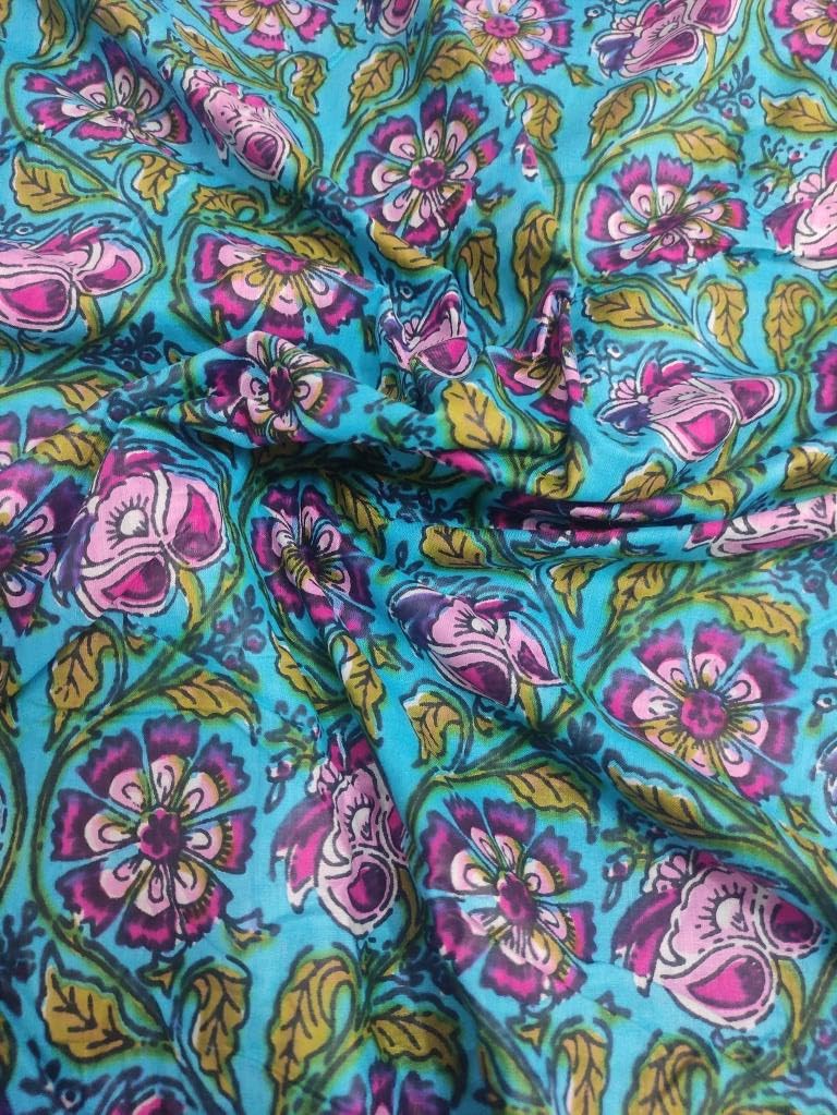 HARUSHA Floral Printed 2.5,Meter 100% Cotton Fabric Cloth Block Print Floral Print Fabric Running Running Jaipuri Printed Women Dress Material Kurtis Natural 44''inches Width (2.5 Meter, Blue)-image-30