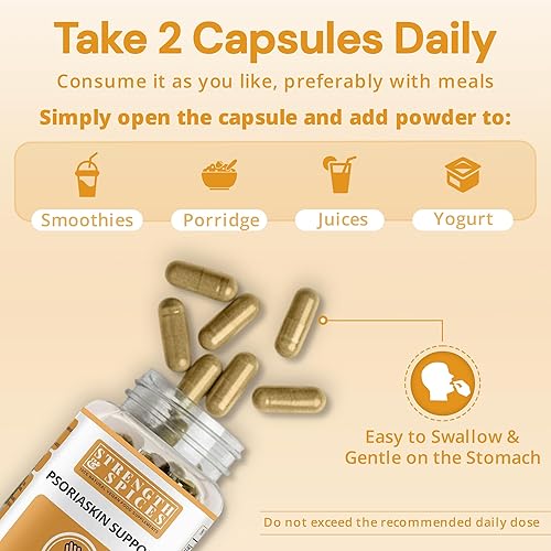 Miniatura 6 de Suplemento de psoriaskin Strength & Spices, refuerzo del sistema inmunológico con 31 ingredientes potentes y aminoácidos, alivia la piel roja,