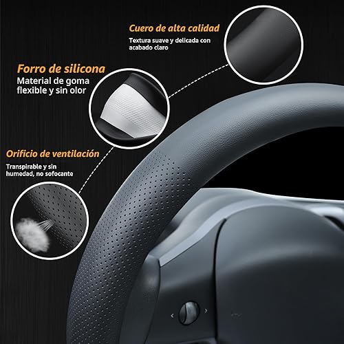 Miniatura 5 de Funda de cuero de napa para volante compatible con Tesla Model 3/Y 2016-2025 2026 Juniper/Highland, antideslizante, transpirable, modelo 3/Y, Negro