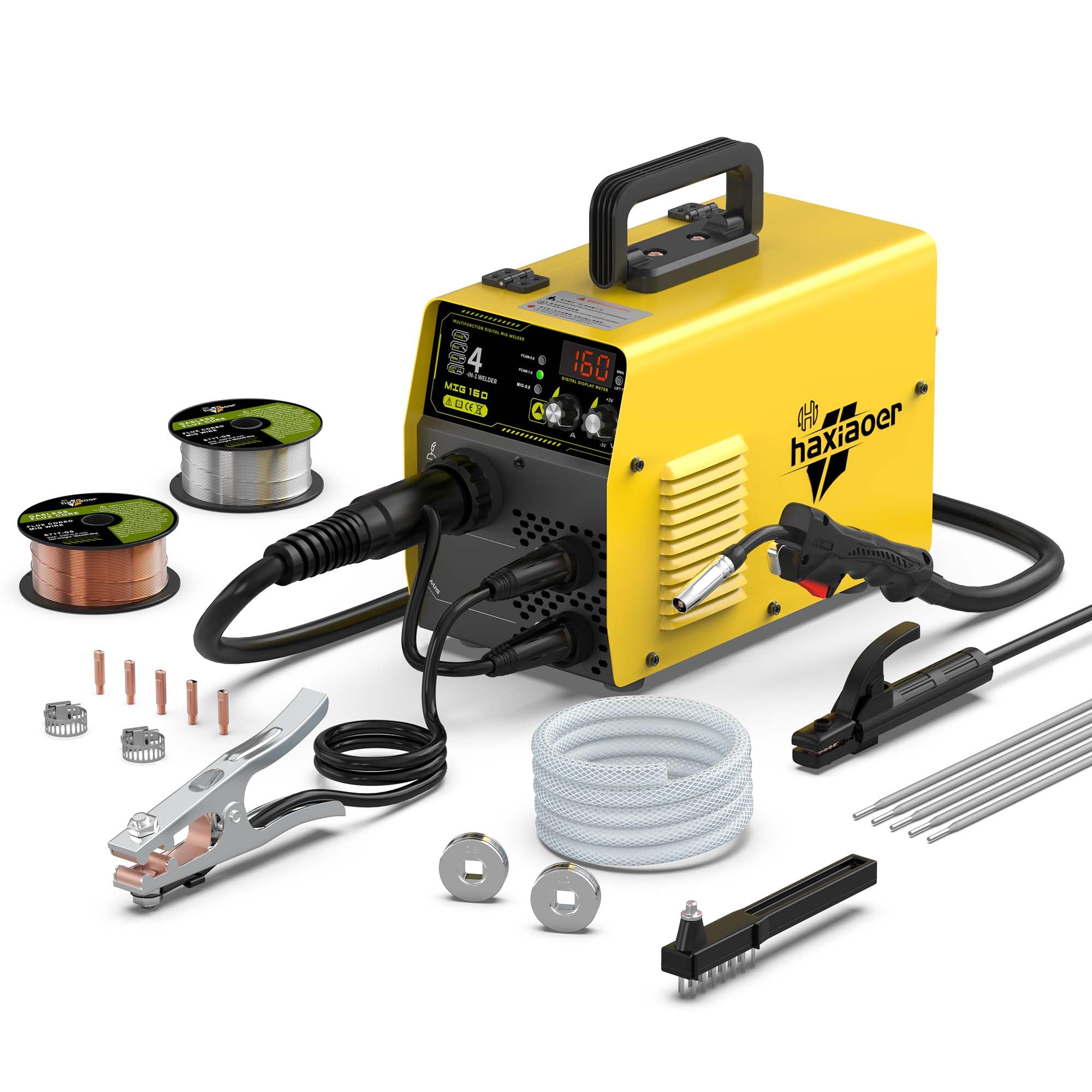 HAXIAOER 160A Schutzgas Schweissgerät MIG MAG, 4-in-1 Fülldraht Schweißgerät mit Fülldraht (FCAW)/MAG/MMA E-Hand/Lift TIG, Synergischem Drahtvorschub, IGBT, Fülldraht, Stahl Schweißdraht