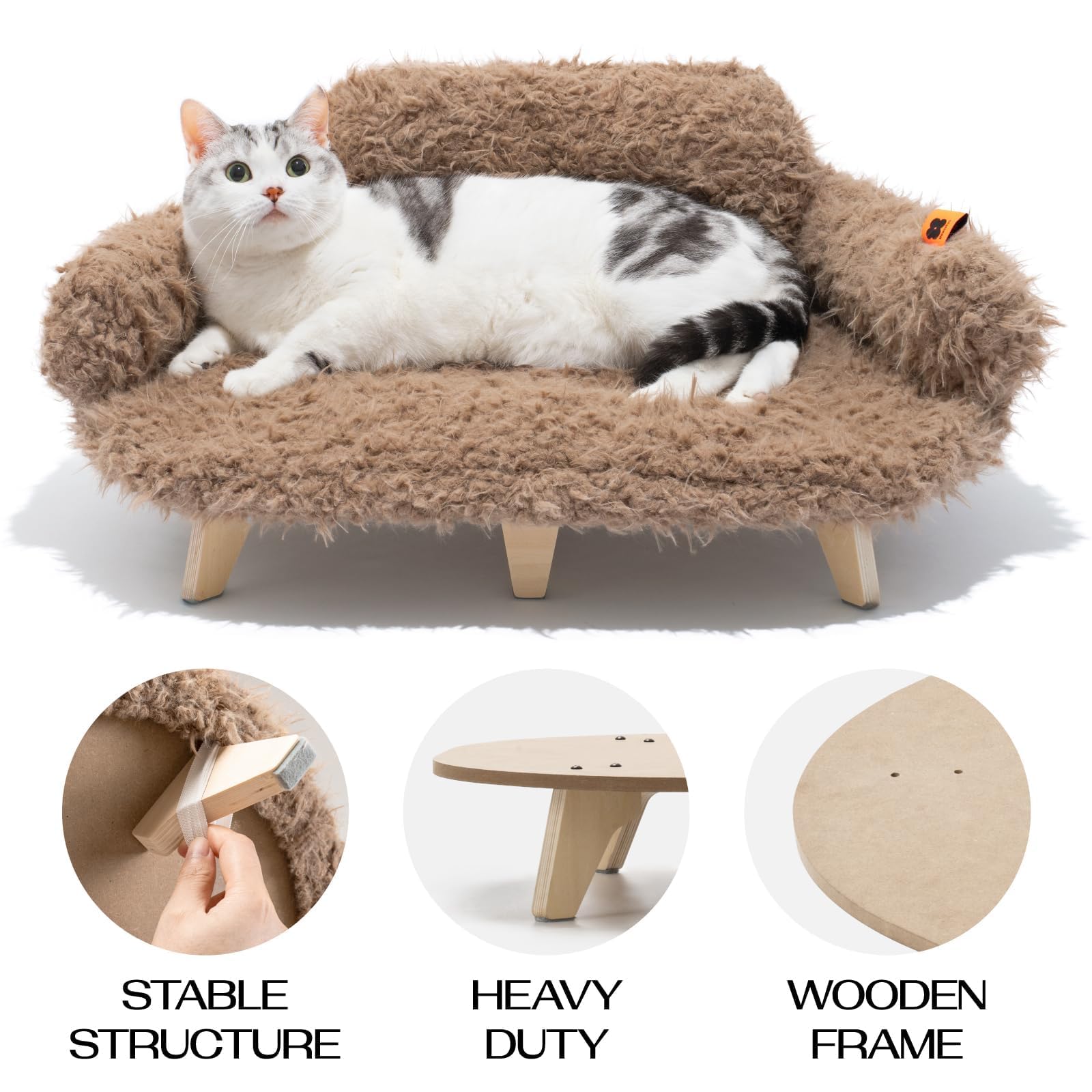 Divano Rialzato Per Gatti MEWOOFUN In Legno - Cuccia Robusta Per Interni, Con Coprimaterasso Lavabile, Fino A 10 Kg, Colore Beige