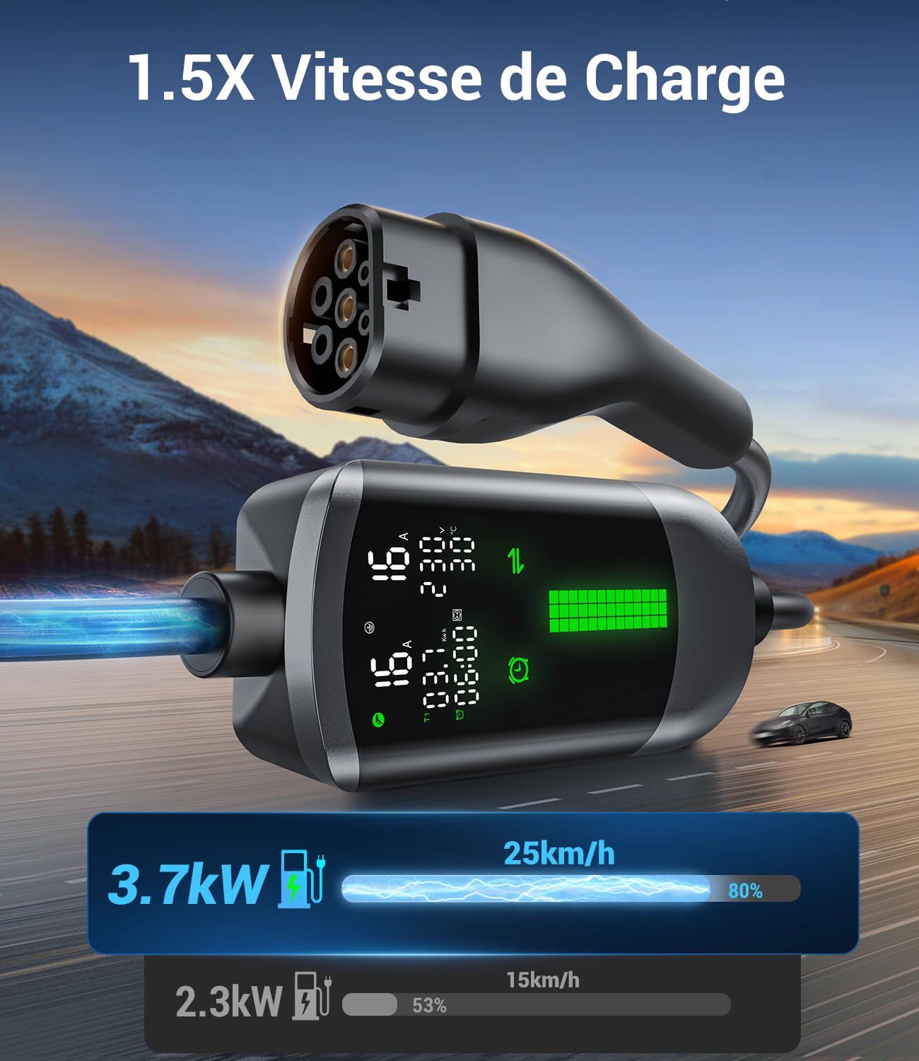 Chargeur Voiture Electrique 3,7kW - 7M/6-16A Cable Recharge Voiture Electrique avec Support Mural Sac, Chargeur Retardé, Numérique LCD, IP65, Compatible avec EVs(IEC 62196-2) & PHEVS