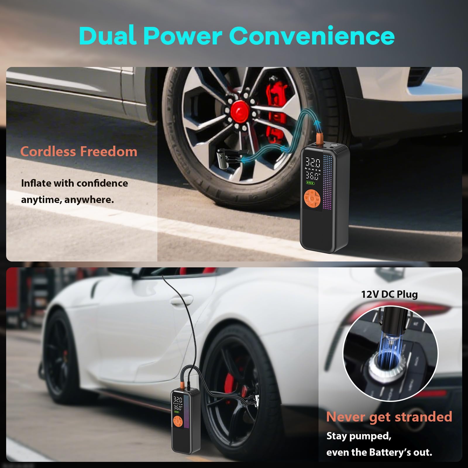 Portable Tire Inflator Air Compressor 150 PSI Cordless Air Pump 6000mAh Battery 12V Car Outlet Digital Pressure Gauge — view 6