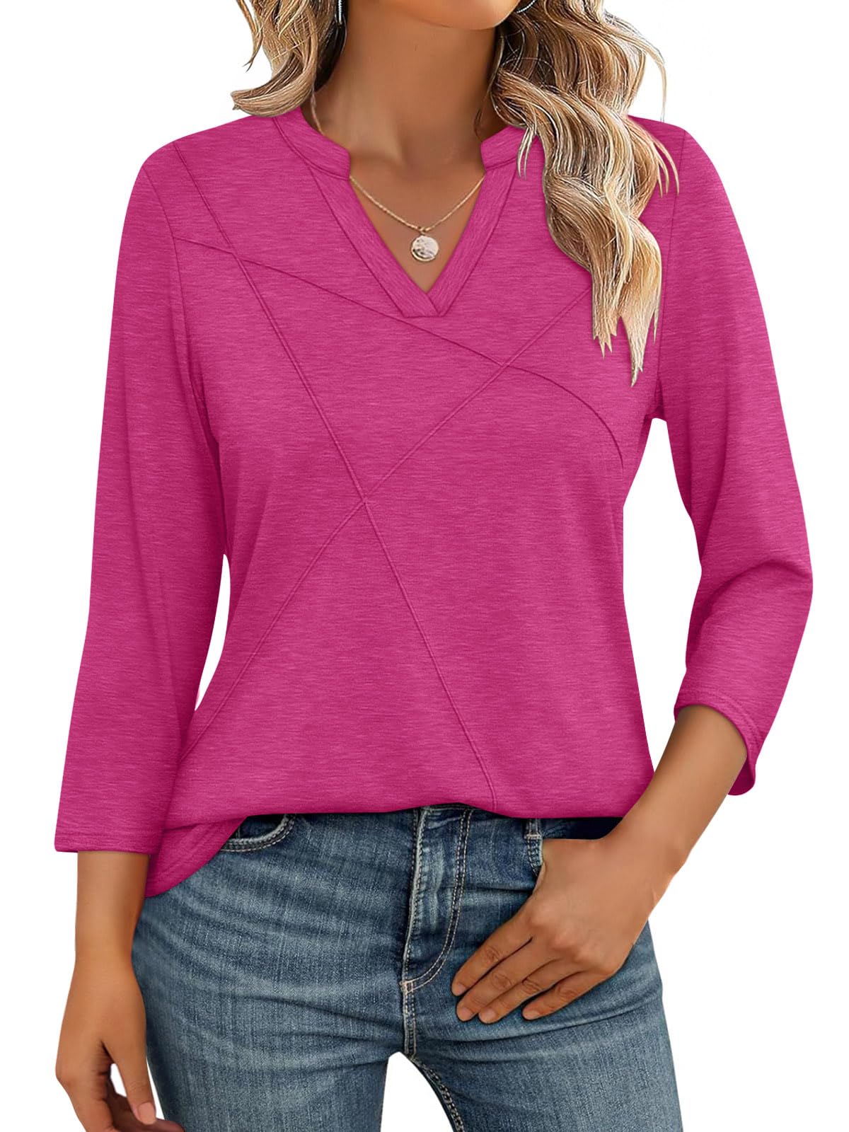 TICTICMISS Womens Tops 3/4 Sleeve T Shirts V Neck Summer Tops Dressy Casual Basic Tees Loose Tunics