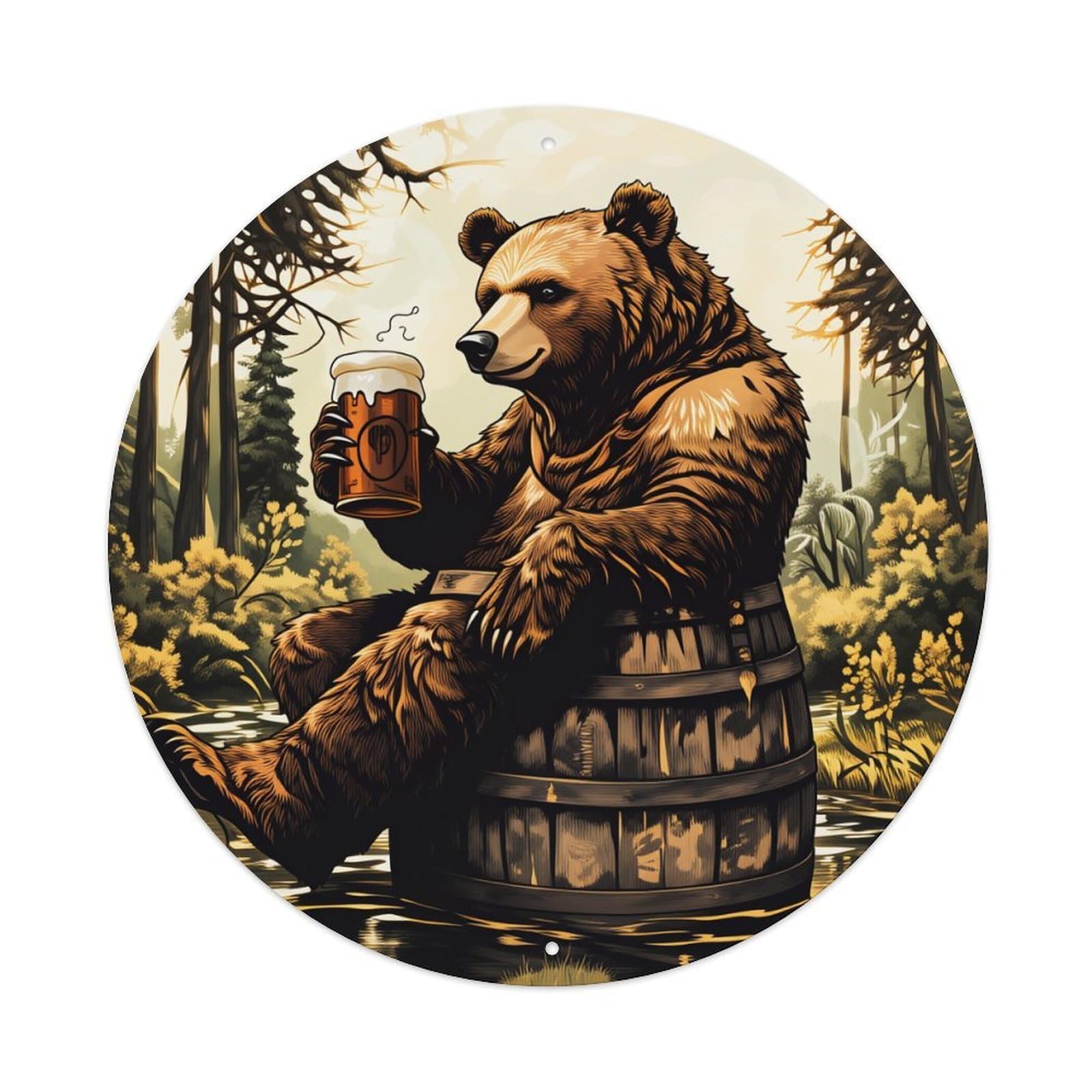 Bear Holding Beer Barrel Forest Scene Metal Tin Sign Plaque