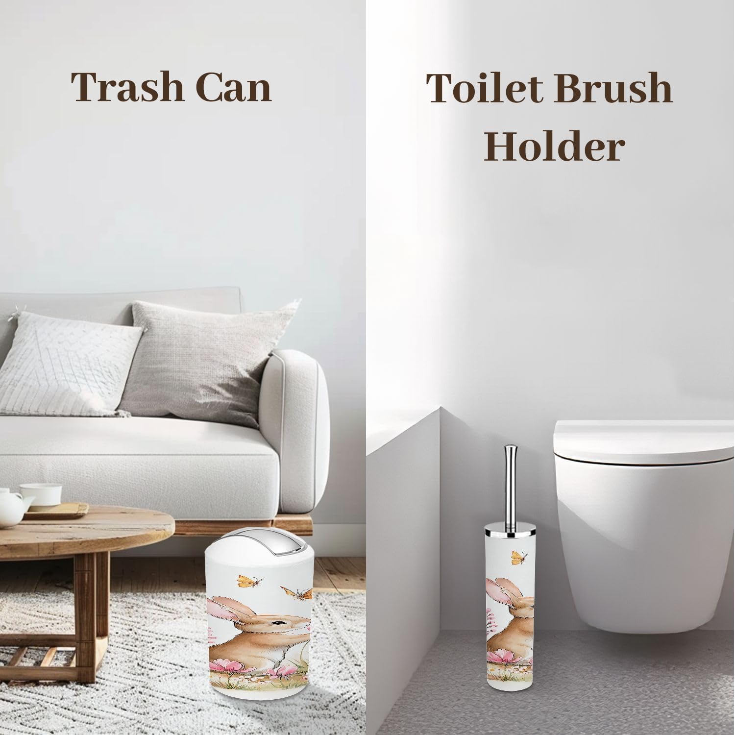 Bathroom Accessory Set 6 Piece Watercolor Two Rabbits Pink Butterflies Bunnies Easter Trash can, Toothbrush Holder, Soap Dispenser, Soap Dish, Toothbrush Cup, Toilet Brush Holder