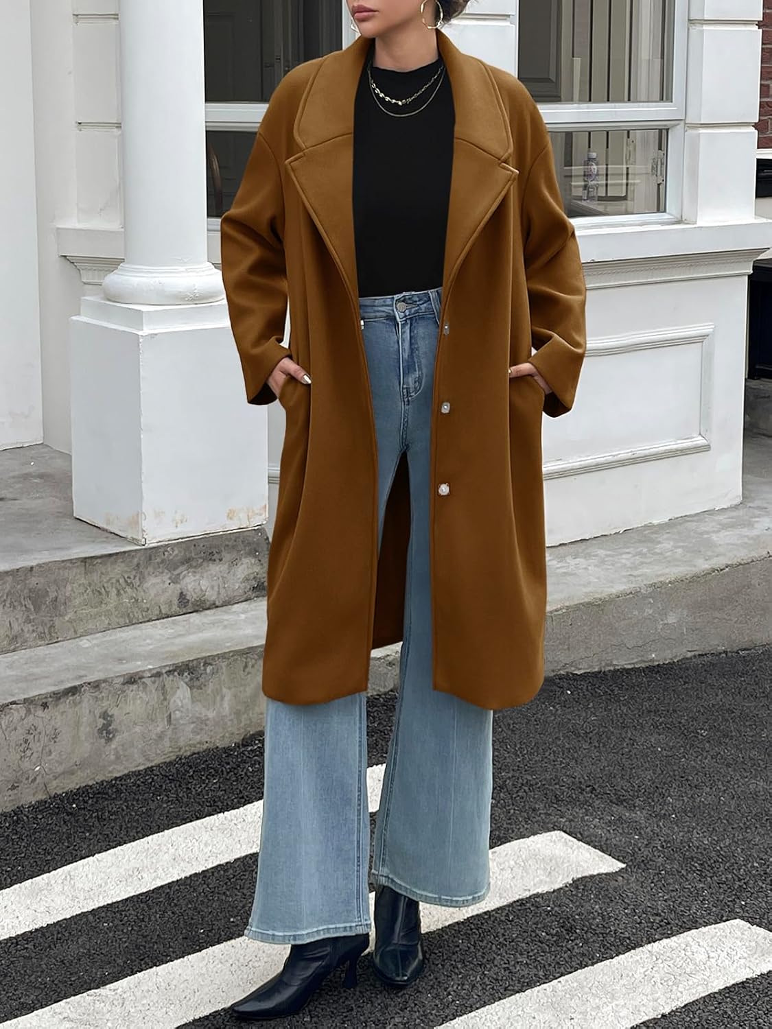 Cicy Bell Womens Long Fall Pea Coat Casual Slim Fit Notched Collar Trench Coats Single Breasted Jacket - Image 2