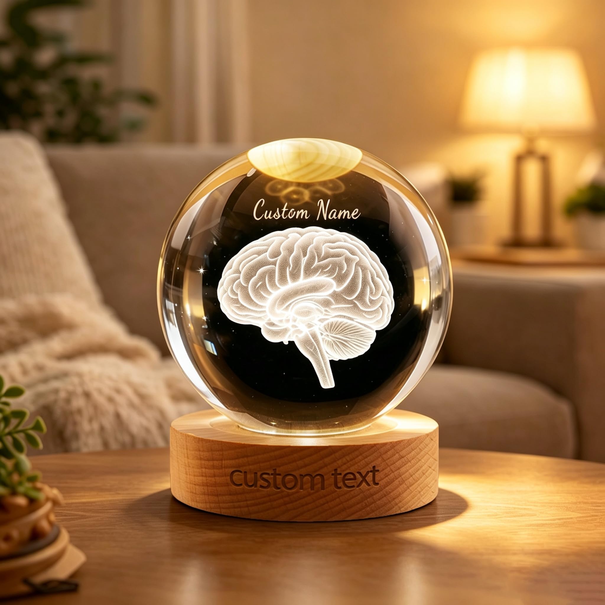 Amabery Personalized Human Brain Crystal Ball Night Light,Custom Name Text Crystal Sphere with LED Wooden Base,Neurology Graduation Gift for Medical Student Doctor,Tabletop Ornament Christmas