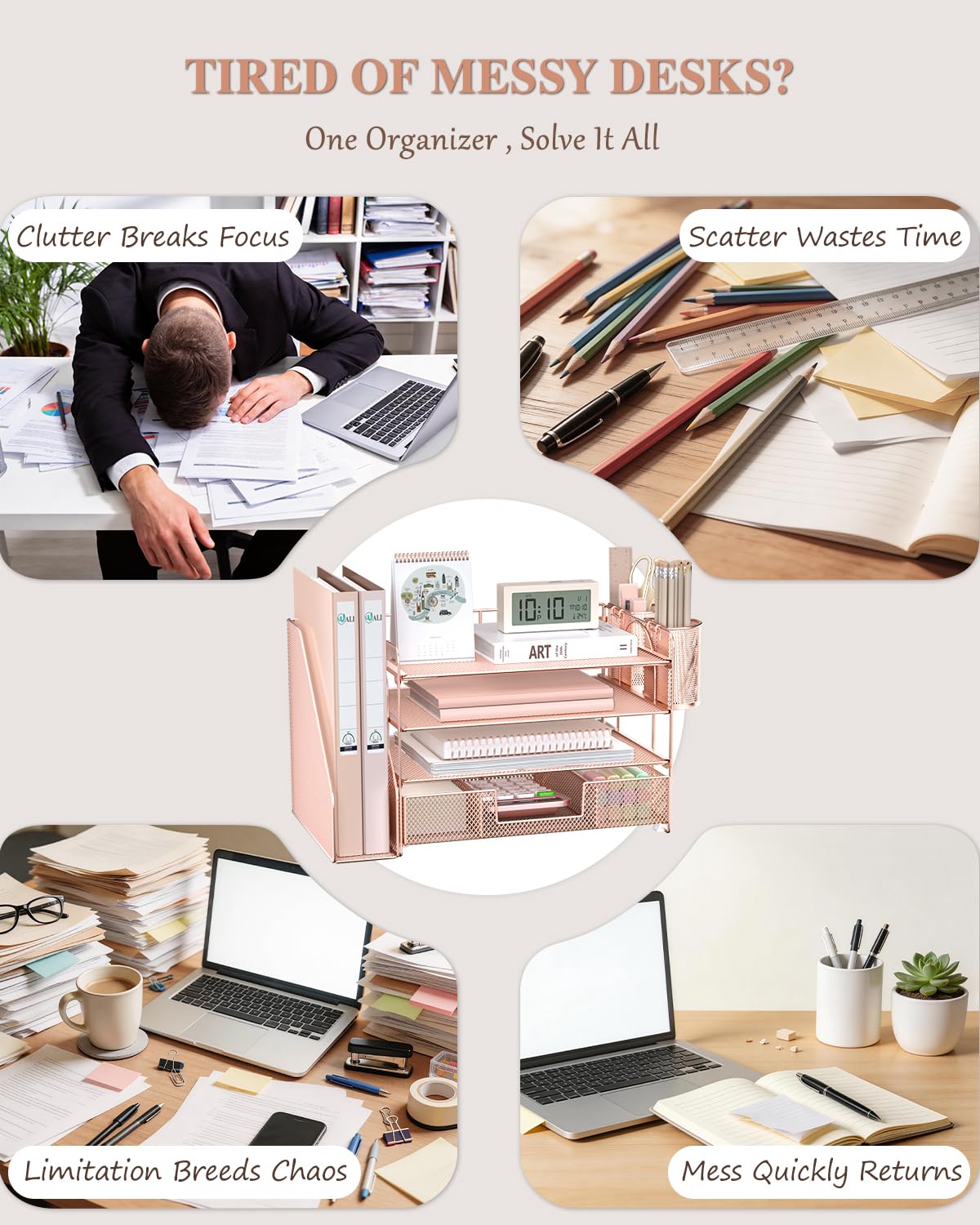 WALI Desk File Organizer, 4 Tier Desktop Paper Letter Tray Organizer with Drawer and 2 Pen Holders, Office Desk Accessories & Workspace Organizers for Office, Home, School Supplies, 1 Pack, Rose Gold view 3