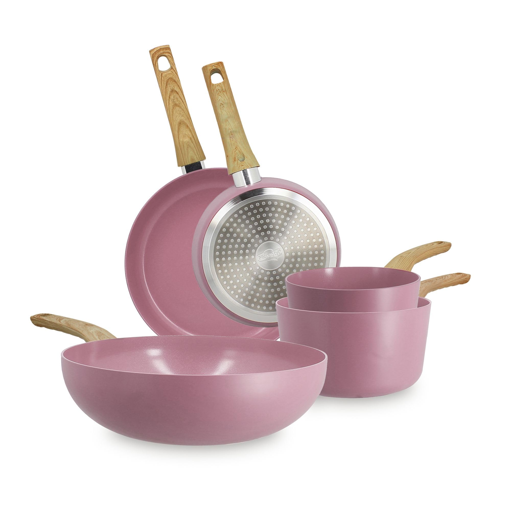 MENASTYL - Batterie de cuisine 5 pièces avec revêtement antiadhésif céramique (Sans PFAS/Sans PTFE) tous feux dont induction - 2 poêles / 2 casseroles / 1 wok - Gamme Colorama - Lilas - 6014137
