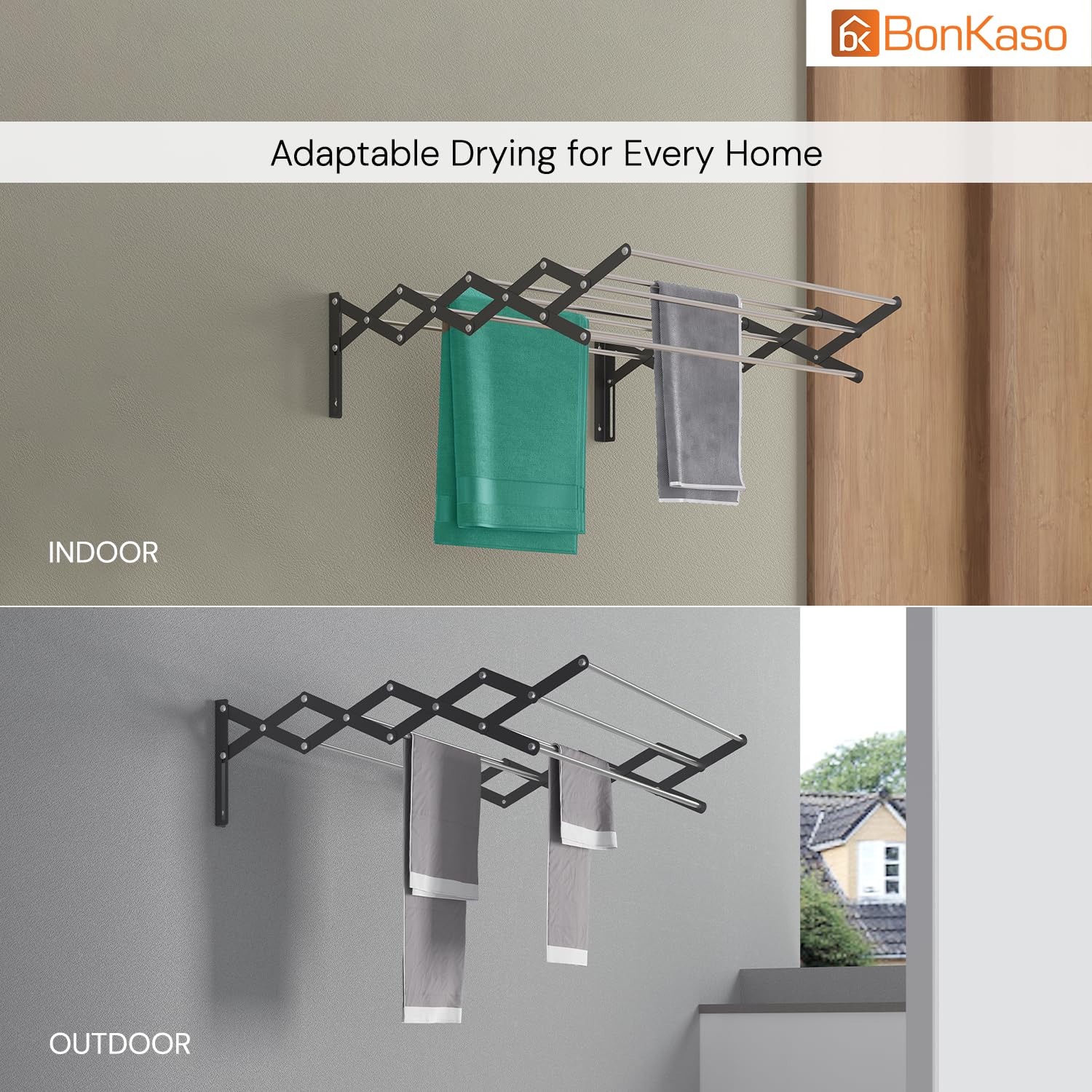 BonKaso 9 Rod Multi Foldable Clothes Drying Stand | Heavy Duty, Rust-Free, Stainless Steel, Wall Mounted Expandable Laundry Hanger (2 Feet) Rack for Balcony, Bathroom | (61D x 63W x 19H cm)