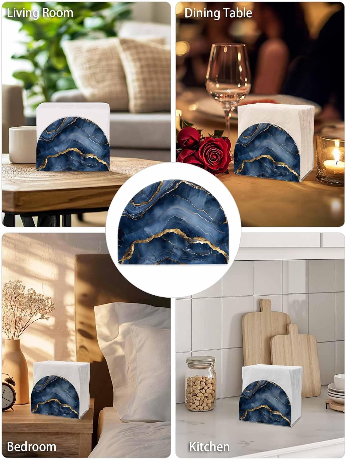 Marble Navy Blue Napkin Holders for Table 2Pc,Gold Ceramic Style Grunge Scratches Kitchen Countertops Cloth Linen Cocktail Napkins Storage Paper Standing Dispenser for Party/Hotel/Cafe/Bar/Bathroom