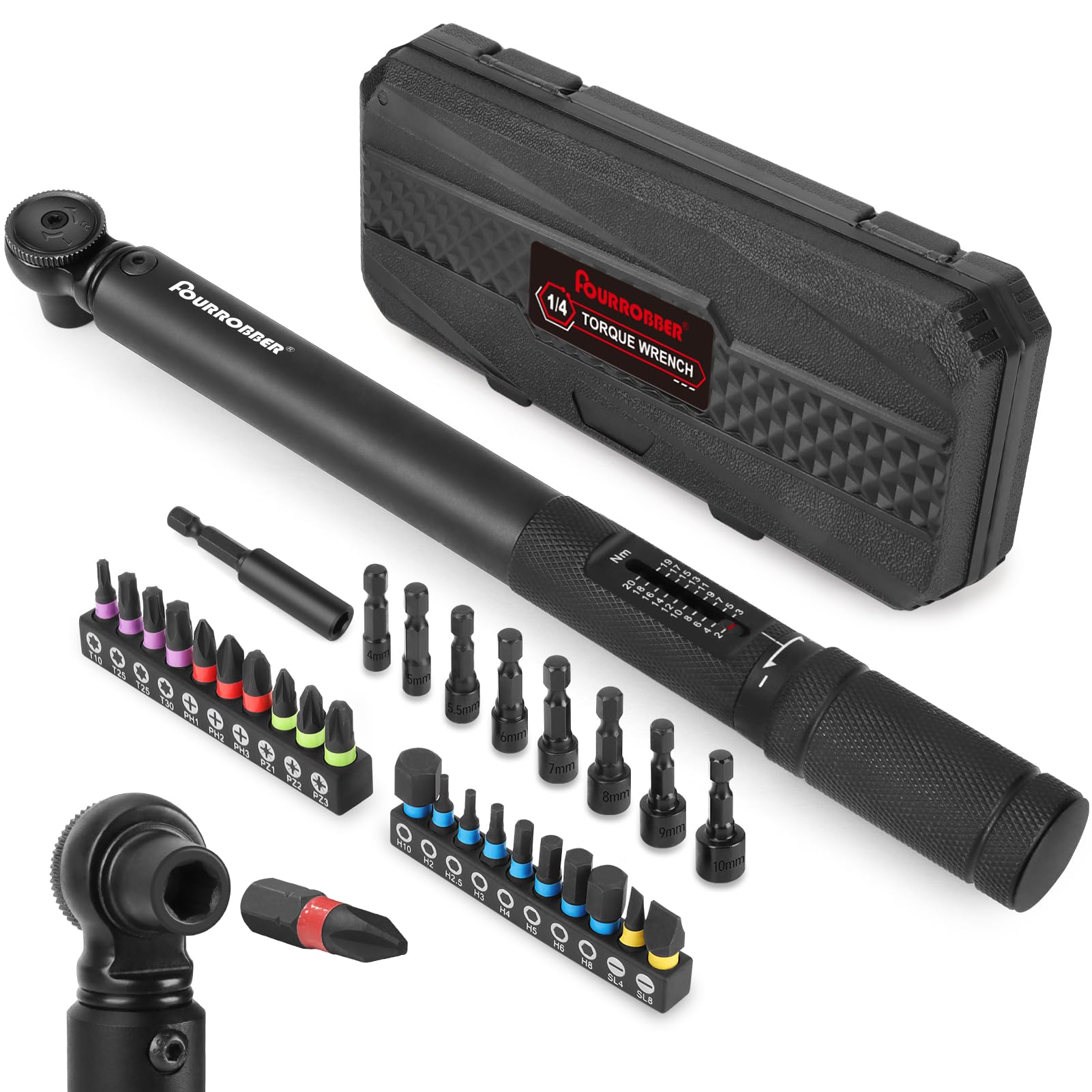1/4 Clé Dynamométrique 2-20NM de Precision avec 20 Pièces Embouts H,SL,T,PH,PZ Bit pour vélo