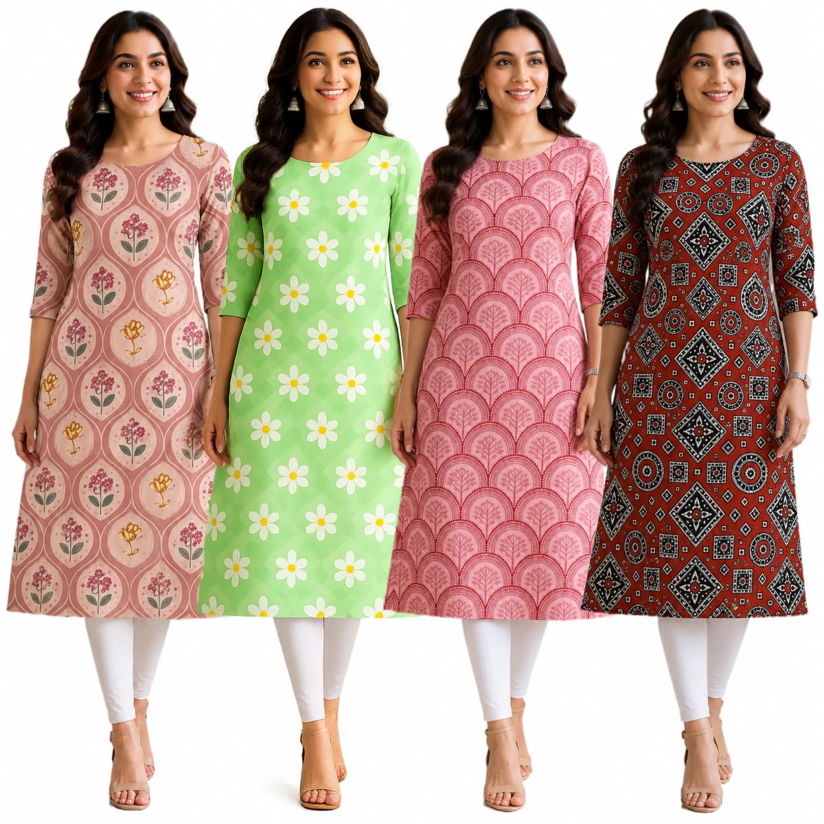 Women's Printed Straight Kurti, 3/4 Sleeve, Round Neck, Pack of 4-picture-54