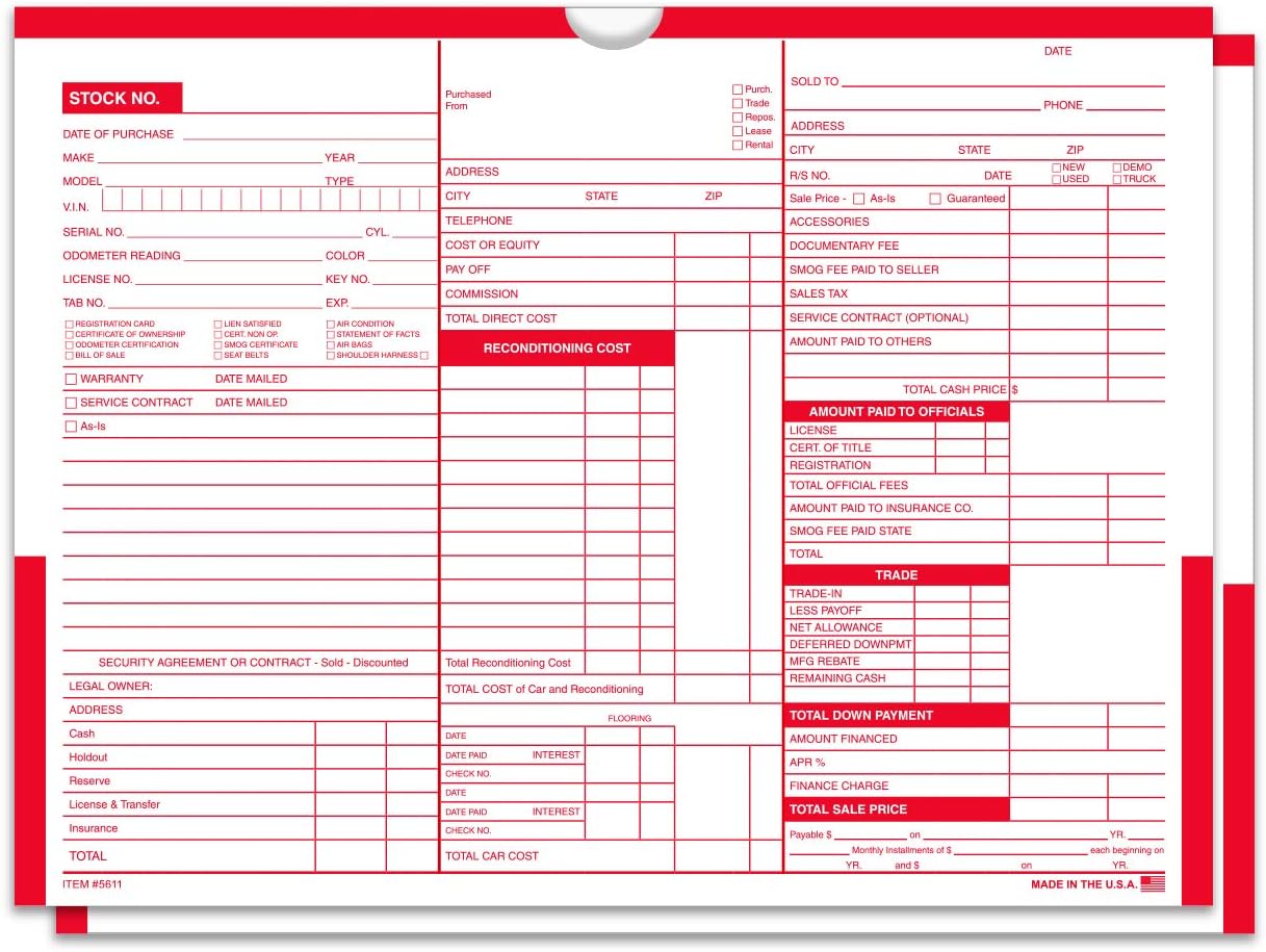 Printed Color Top Detailed Deal Jackets 9" X 12" (100 Pack) Car Dealership Auto Lot (RED)