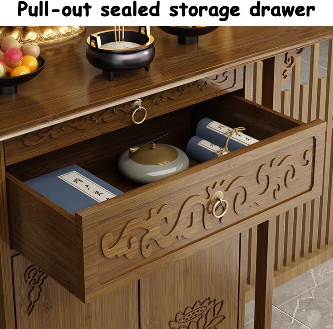 YVYKFZD Personal Shrine Altar Table, Bamboo Altar Cabinet with Drawer and Cabinet Door Storage, Chinese Buddha Niche Offering Table Buddhist Altar for Living Room, Bedroom(60x40x108cm/23.6"x15.7"x42.5