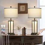 27in Tall Farmhouse Table Lamp with USB C+A & Outlet,Black Industrial End Table Lamp for Living Room,Vintage Rustic Bedside Lamp with Night Light for Bedroom Nightstand,Single Black
