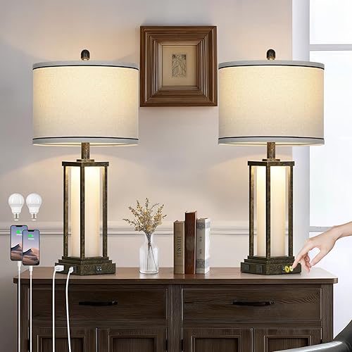 Miniatura 8 de 27in Tall Farmhouse Table Lamp with USB C+A & Outlet,Black Industrial End Table Lamp for Living Room,Vintage Rustic Bedside Lamp with Night Light