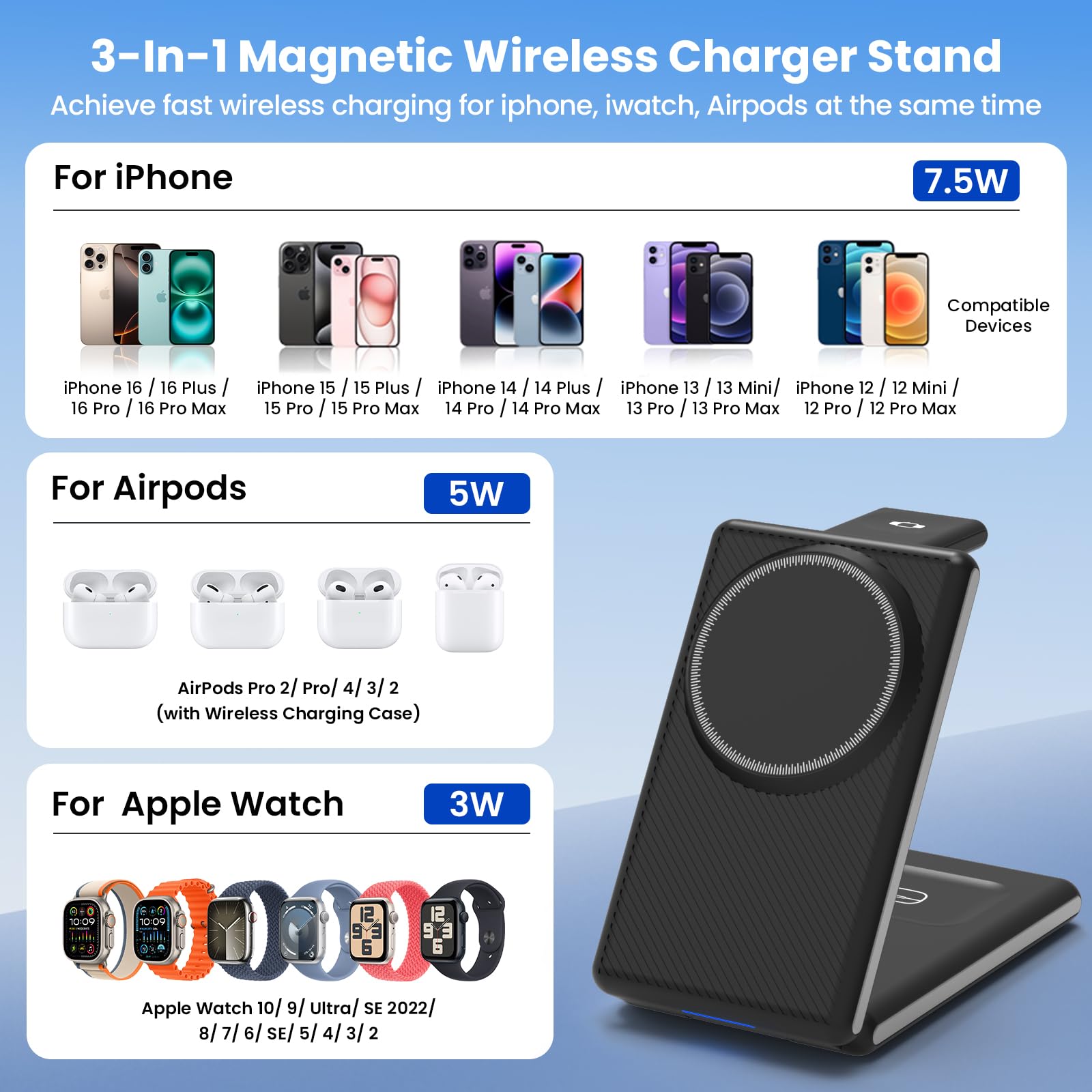 CIYOYO 3 in 1 Stazione di ricarica a induzione magnetica pieghevole per iPhone 16/15/14/13/12, per Apple Watch 10/9/8/7/6/SE/5/4/3/2, caricatore wireless compatibile con AirPods Pro/4/3/2