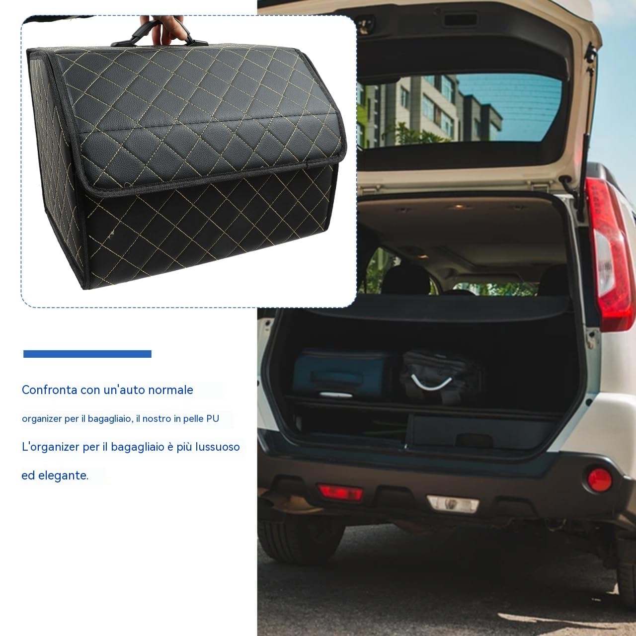 ORFOFE Scatola Portaoggetti Bagagliaio Auto Pieghevole in Cuoio Nero | Organizer per Vano Posteriore, Stile Elegante e Lusso, Soluzione Pieghevole per Ordine e Contenimento