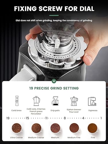Miniatura 10 de Huanyu Molinillo de café eléctrico ajustable con 19 ajustes precisos de molienda de 35 onzas, 36 tazas, máquina de molienda de granos de café