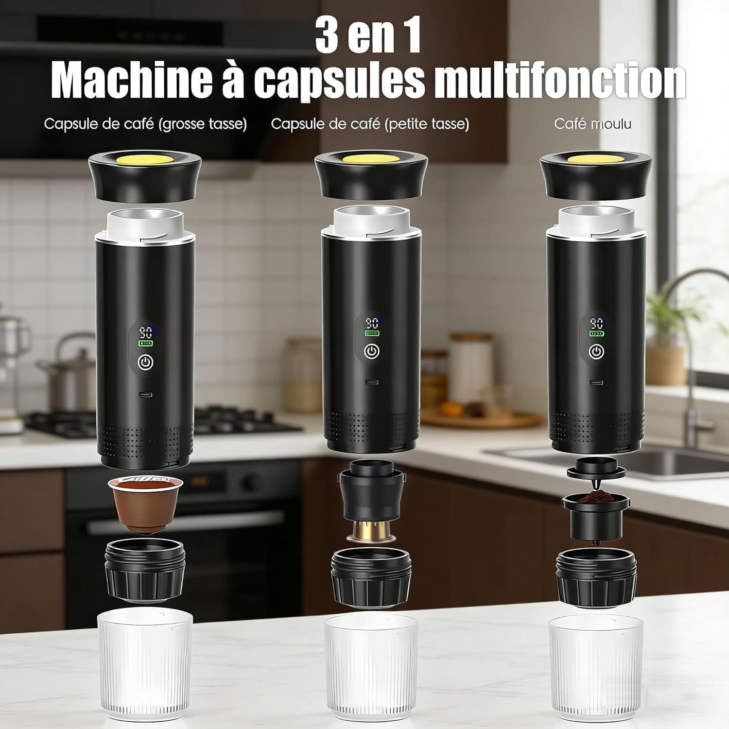 Machine à café électrique portable,Cafetière portable 3-en-1 avec auto-chauffage,Port de chargeur USB-C,Cafetière avec café moulu et capsule NS pour RV, camping, randonnée, bureau