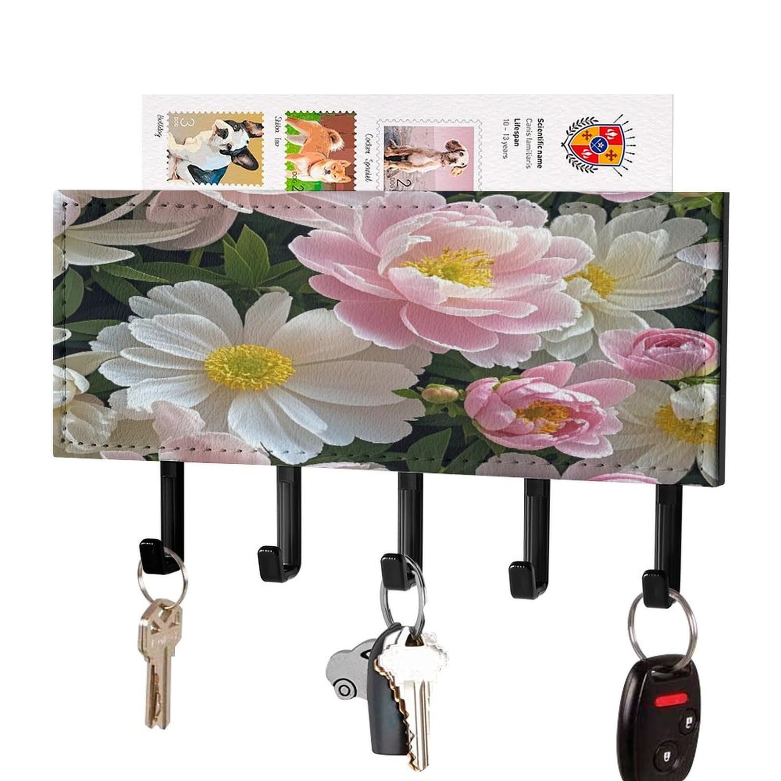 Organizador de llaves de pared con flores y peonías, colgador de piel con 5 ganchos