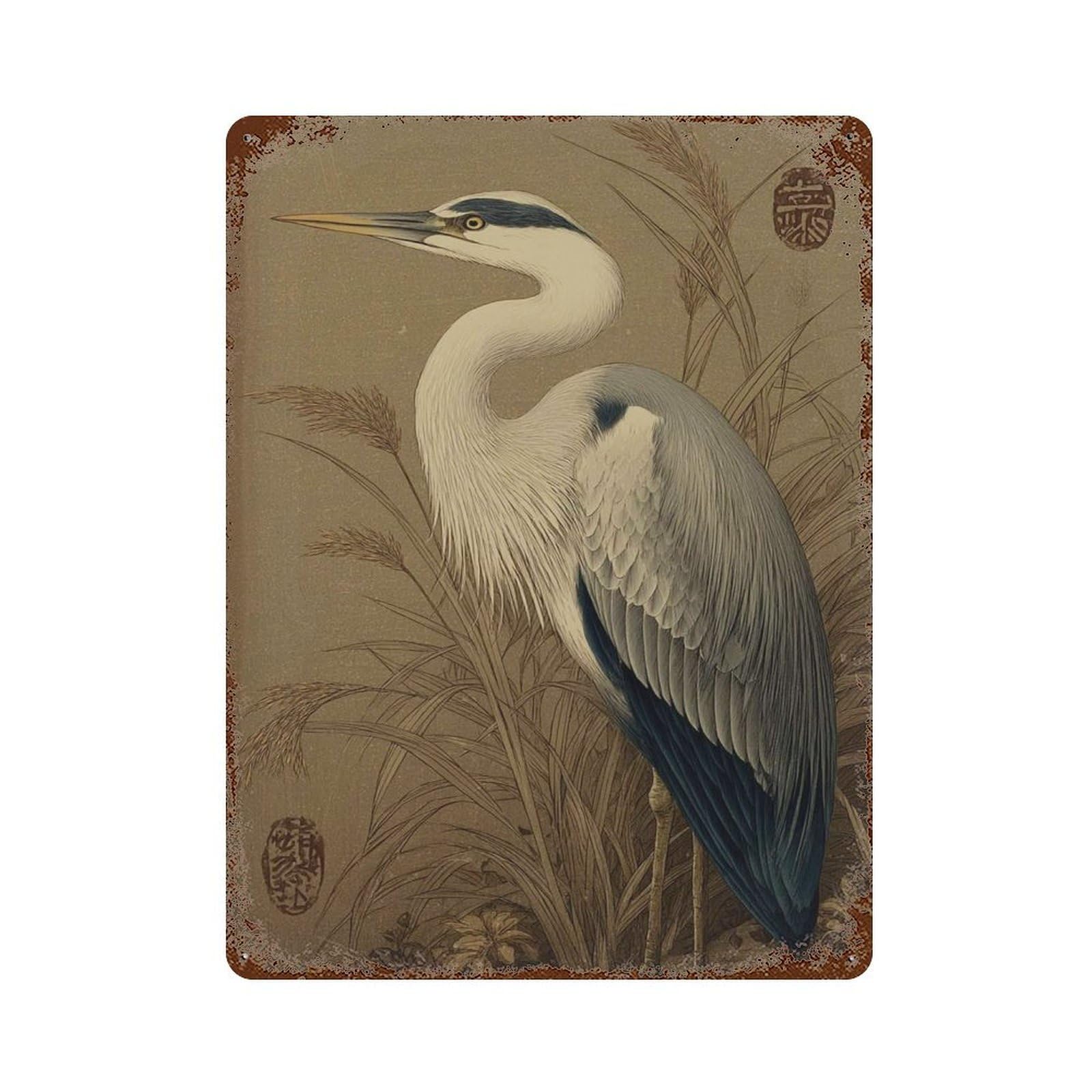 xiaoxiaoshen Japanese Heron Traditional Bird Design Antique Nature Oriental Botanical Wall Decor Art Metal Tin Poster Modern Home Decor Art Home Bar Shop Decorations Vintage Sign 40x30cm