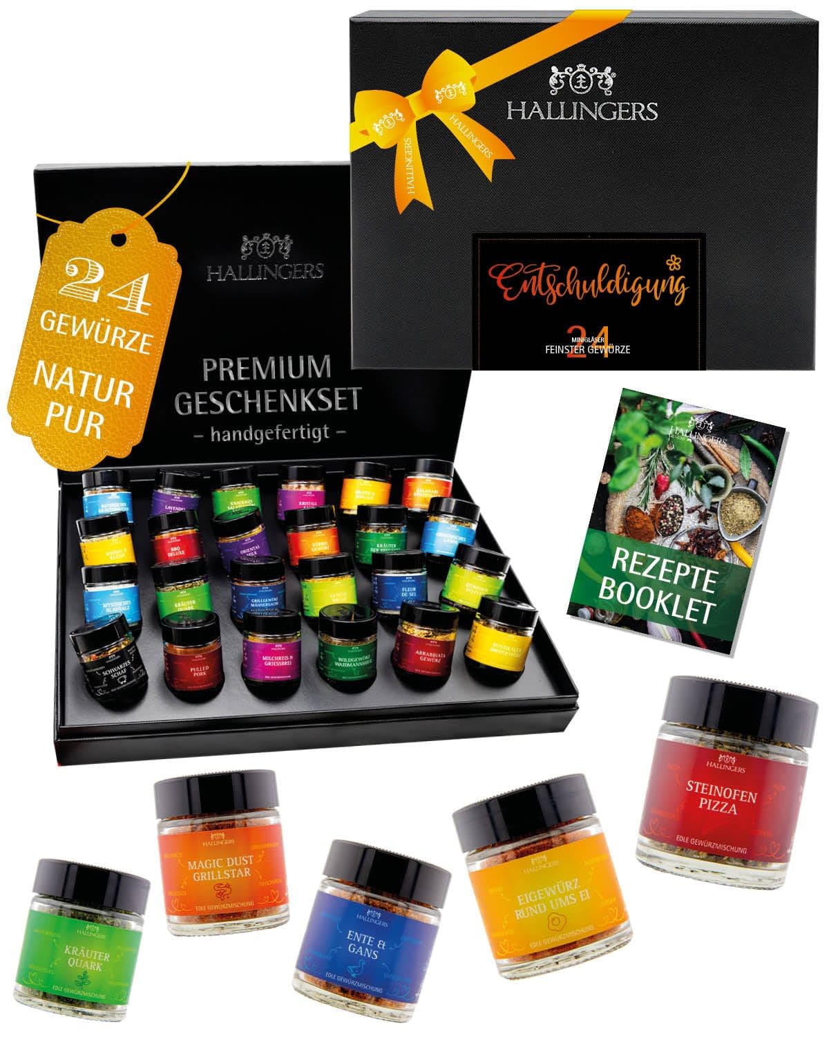 Hallingers Genuss Manufaktur Gewürz Geschenk-Set - 24 Gewürze aus aller Welt in wertiger Geschenkbox mit Rezept-Booklet "Entschuldigung", Geschenkidee für Frauen Männer